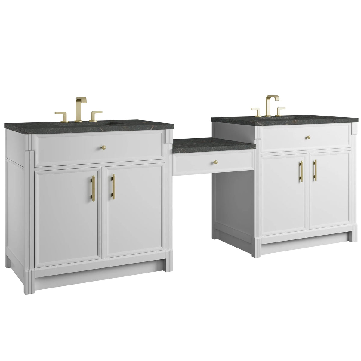 Bellshire 96" Dual Vanity Set with 24" Make-Up Counter, Bright White w/3 cm Parisien Bleu Silestone Top