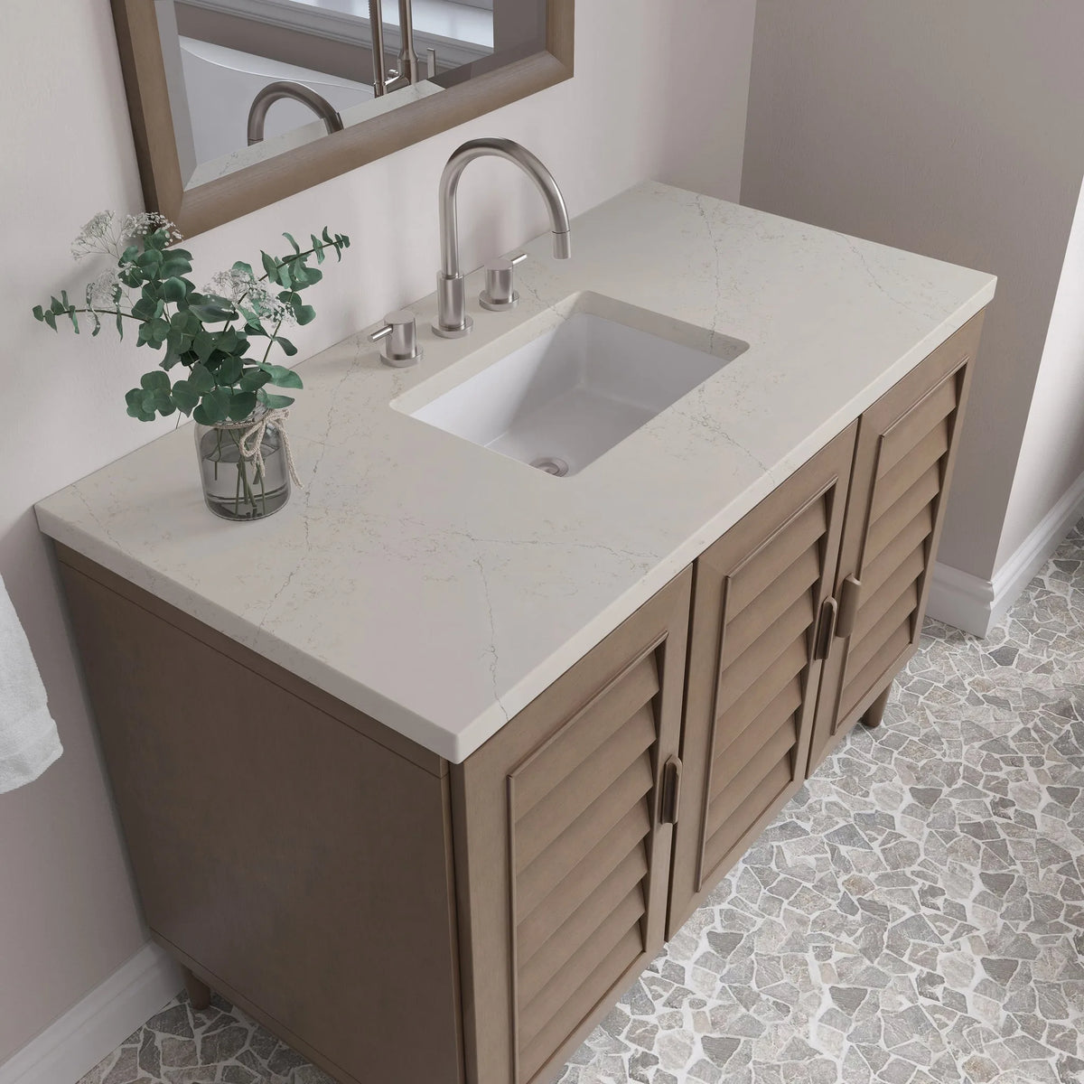 Portland 48" Single Vanity, Whitewashed Walnut, w/ 3 CM Siberian Silestone Top