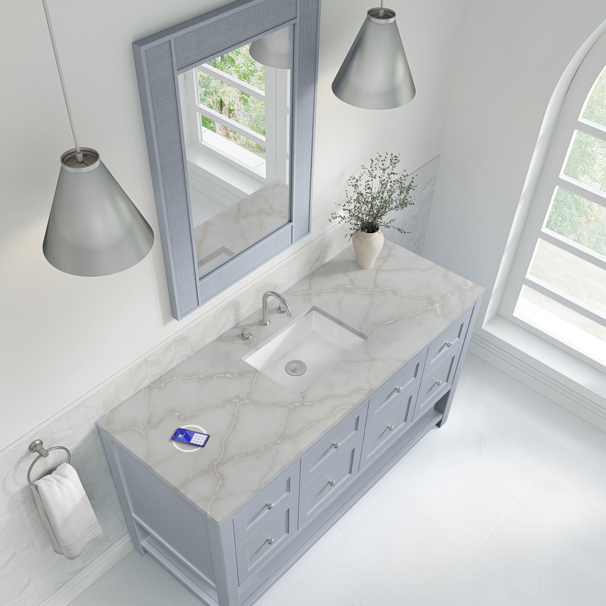Renovate for Less Atlanta Breckenridge 60" Single Vanity, Serenity Blue, w/ 3 CM Victorian Silver Silestone Top w/ FreePower Wireless Charger