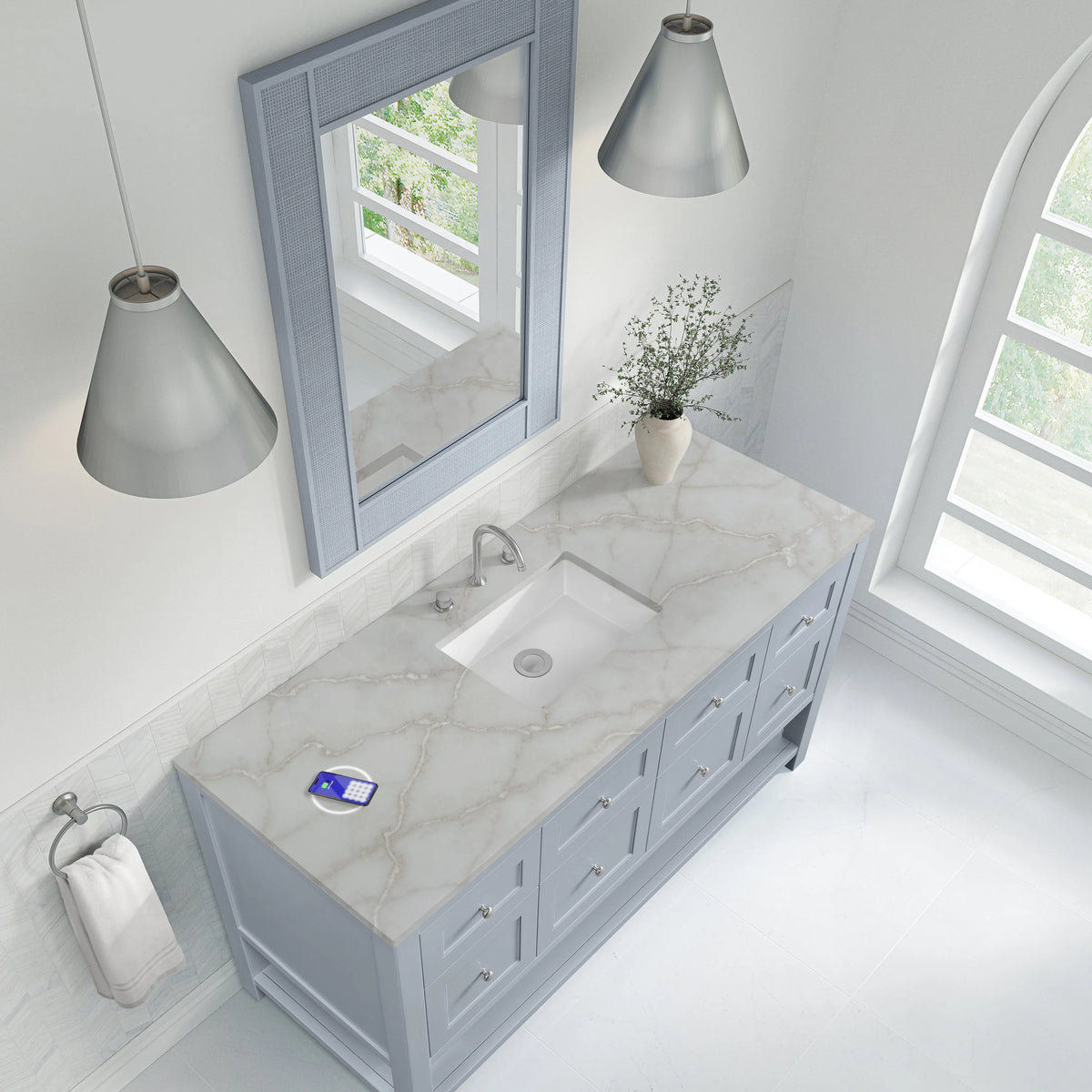 Breckenridge 60" Single Vanity, Serenity Blue, w/ 3 CM Victorian Silver Silestone Top w/ FreePower Wireless Charger