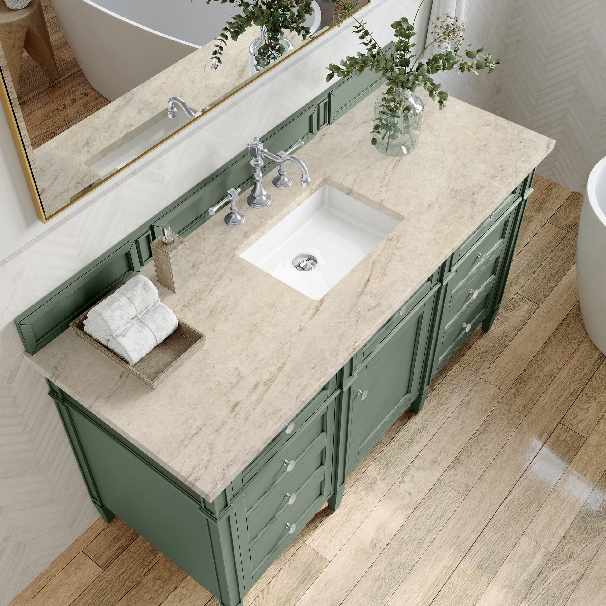 Renovate for Less Atlanta Brittany 60" Single Vanity, Smokey Celadon, w/ 3 CM Tajnar Eclos Top
