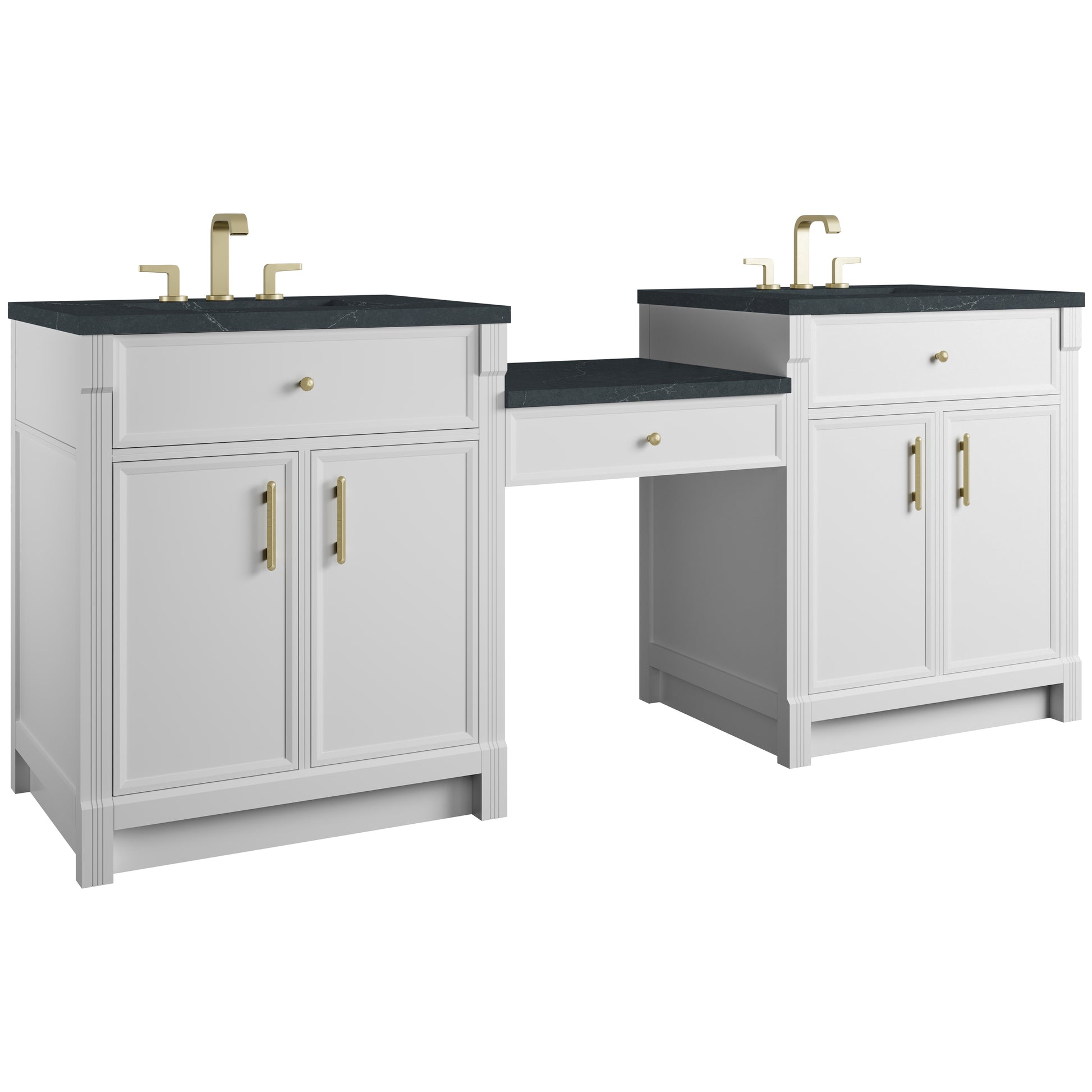 Renovate for Less Atlanta Bellshire 84" Dual Vanity Set with 24" Make-Up Counter, Bright White w/3 cm Charcoal Soapstone Silestone Top