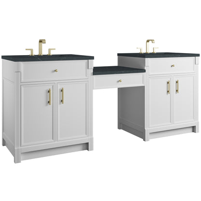 Renovate for Less Atlanta Bellshire 84" Dual Vanity Set with 24" Make-Up Counter, Bright White w/3 cm Charcoal Soapstone Silestone Top