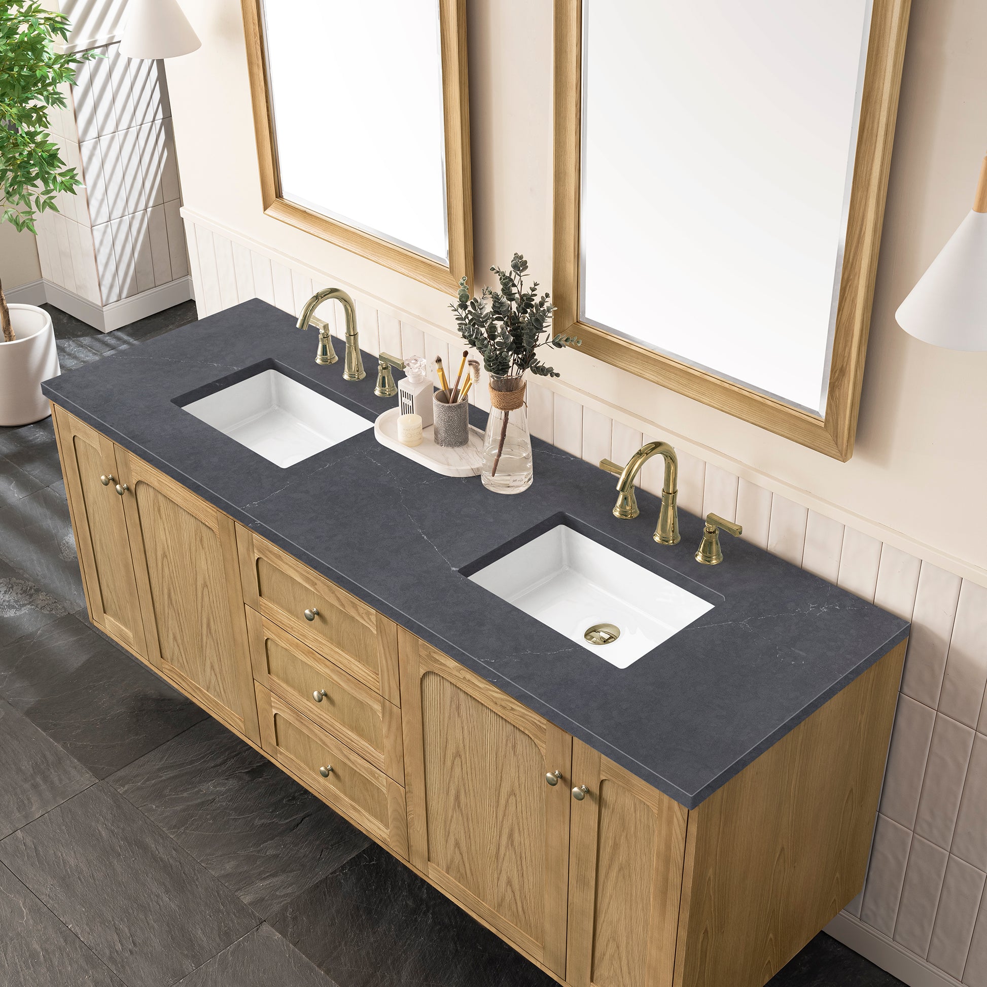 Renovate for Less Atlanta Laurent 72" Double Vanity, Light Natural Oak w/ 3 CM Charcoal Soapstone Top