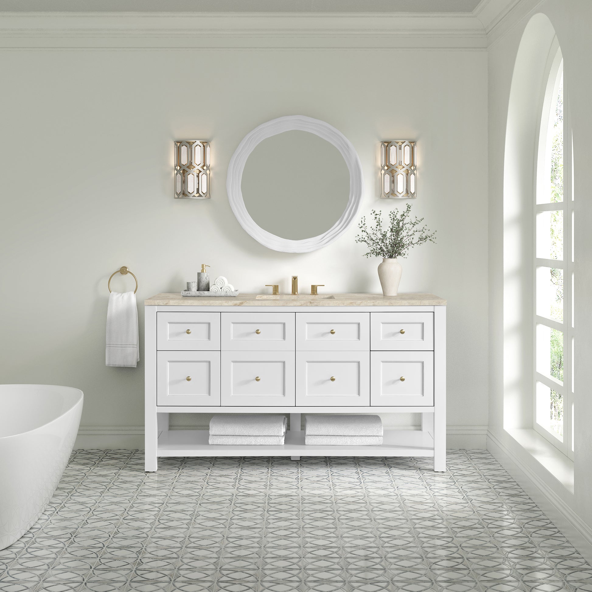 Renovate for Less Atlanta Breckenridge 60" Single Vanity, Bright White, w/ 3 CM Tajnar Eclos Top w/FreePower Wireless Charger