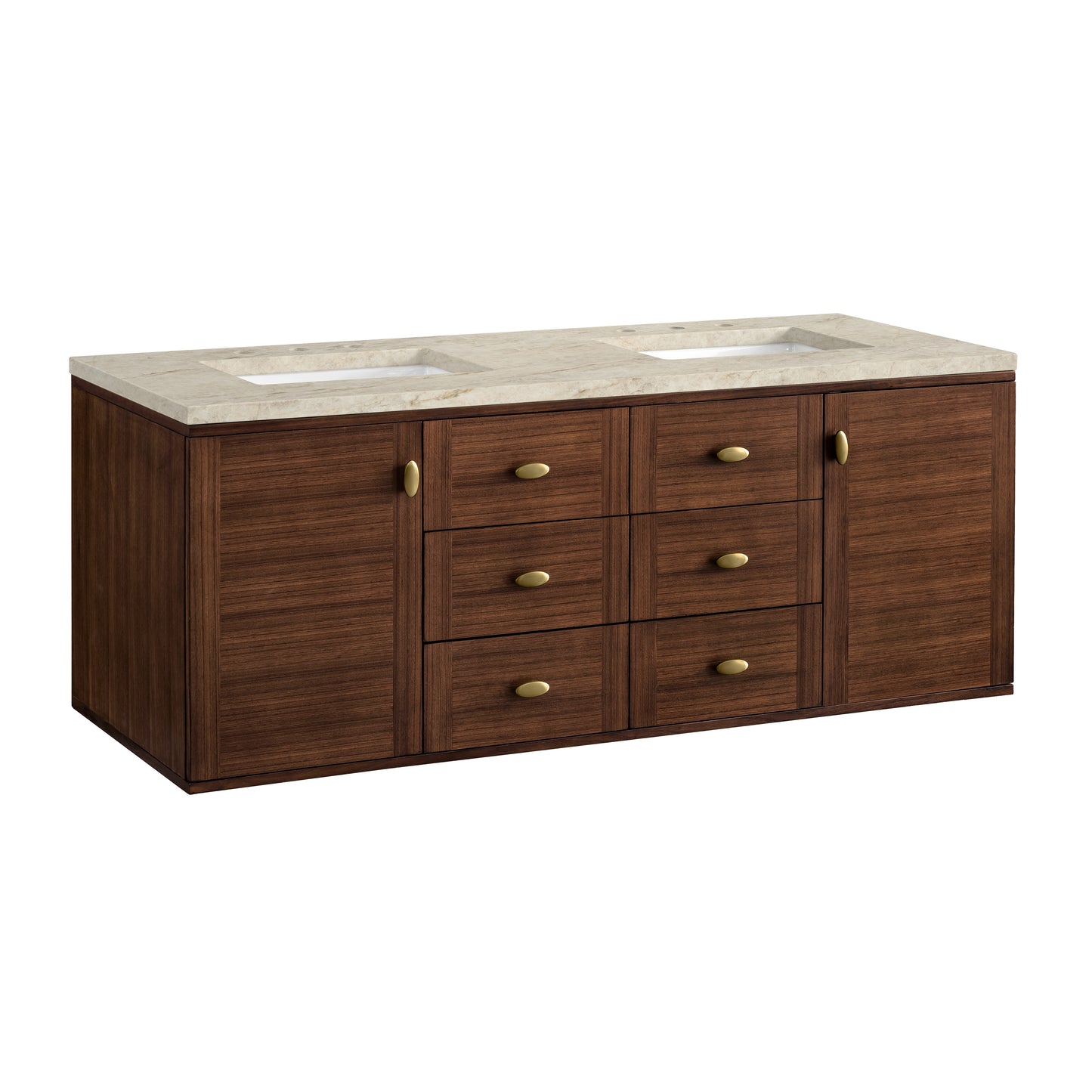 Renovate for Less Atlanta Amberly 60" Double Vanity, Mid-Century Walnut, w/ 3 CM Tajnar Eclos Top w/FreePower Wireless Charger