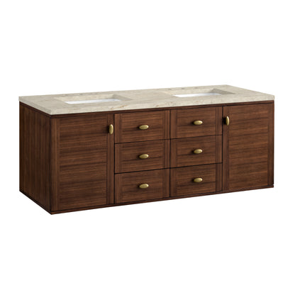 Renovate for Less Atlanta Amberly 60" Double Vanity, Mid-Century Walnut, w/ 3 CM Tajnar Eclos Top w/FreePower Wireless Charger