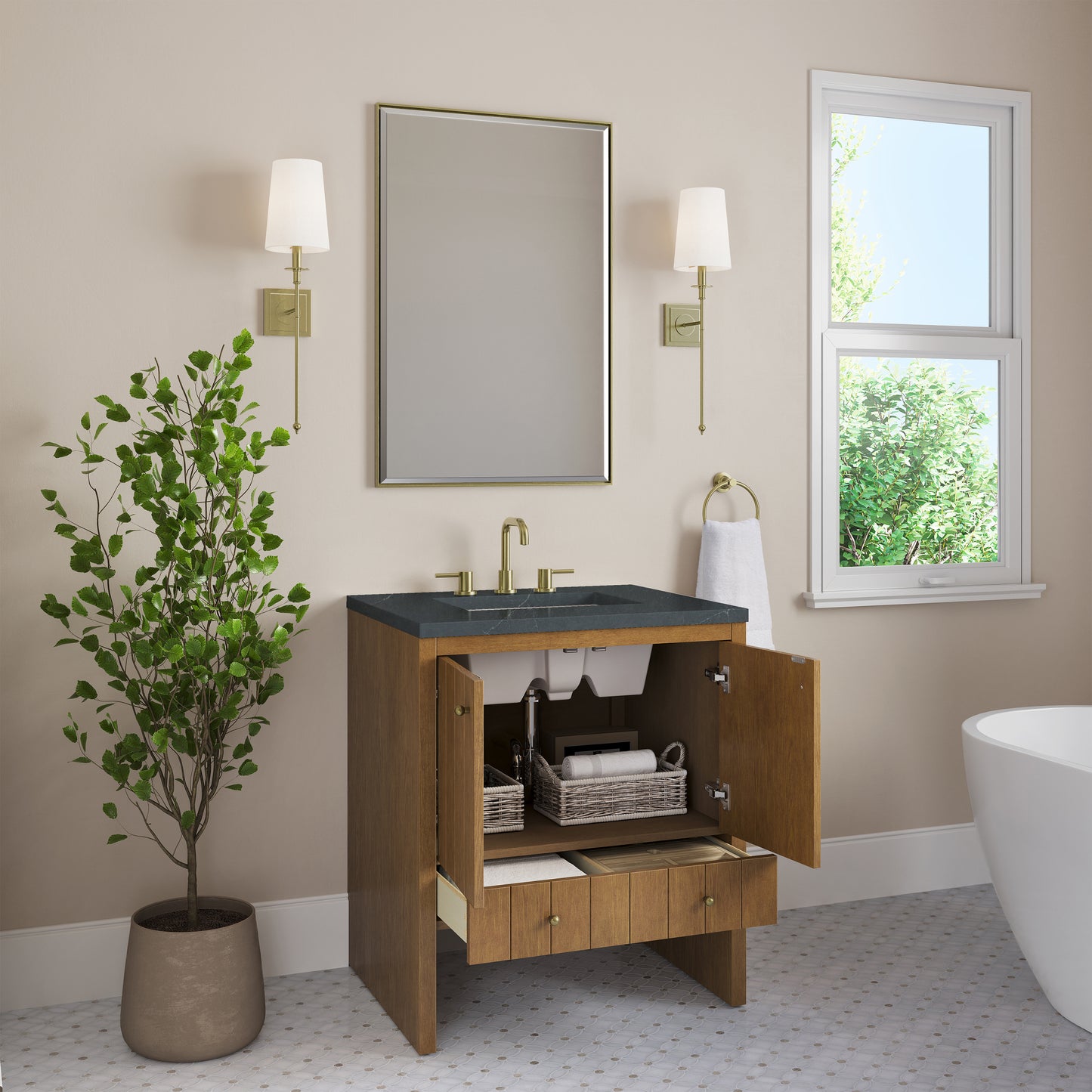 Renovate for Less Atlanta Hudson 30" Single Vanity, Honey Oak w/ 3 CM Charcoal Soapstone Silestone Top