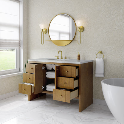 Renovate for Less Atlanta Hudson 48" Single Vanity, Honey Oak w/ 3 CM Ethereal Noctis Silestone Top