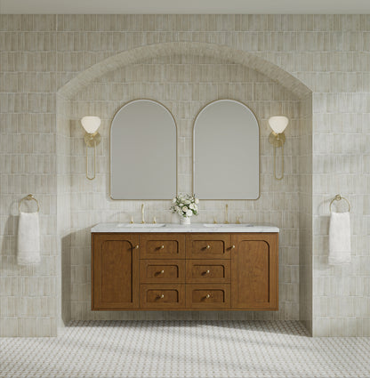 Renovate for Less Atlanta Laurent 60" Double Vanity, Honey Oak w/ 3 CM Ethereal Noctis Silestone Top w/FreePower Wireless Charger