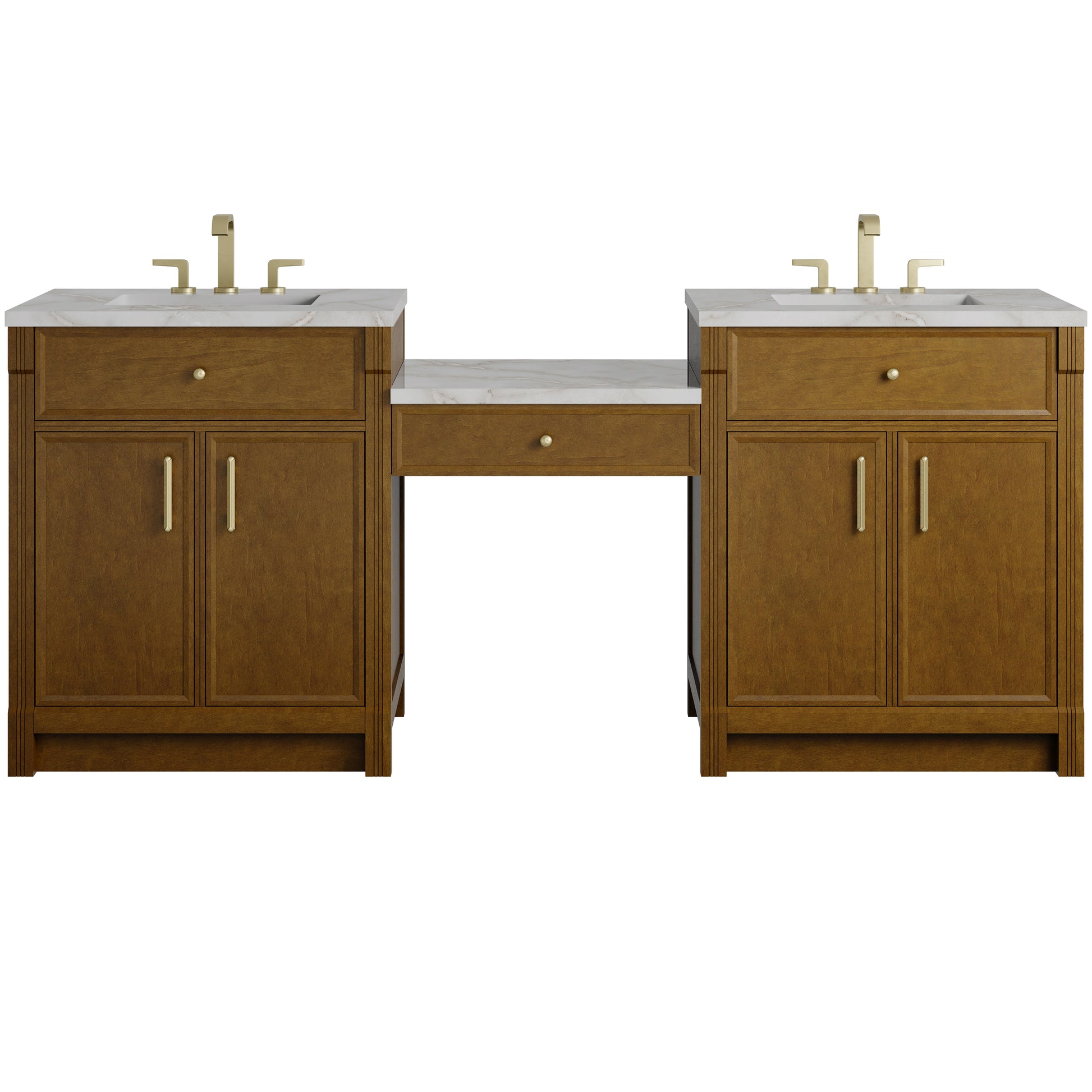 Renovate for Less Atlanta Bellshire 84" Dual Vanity Set with 24" Make-Up Counter, Honey Oak w/3 cm Victorian Silver Silestone Top