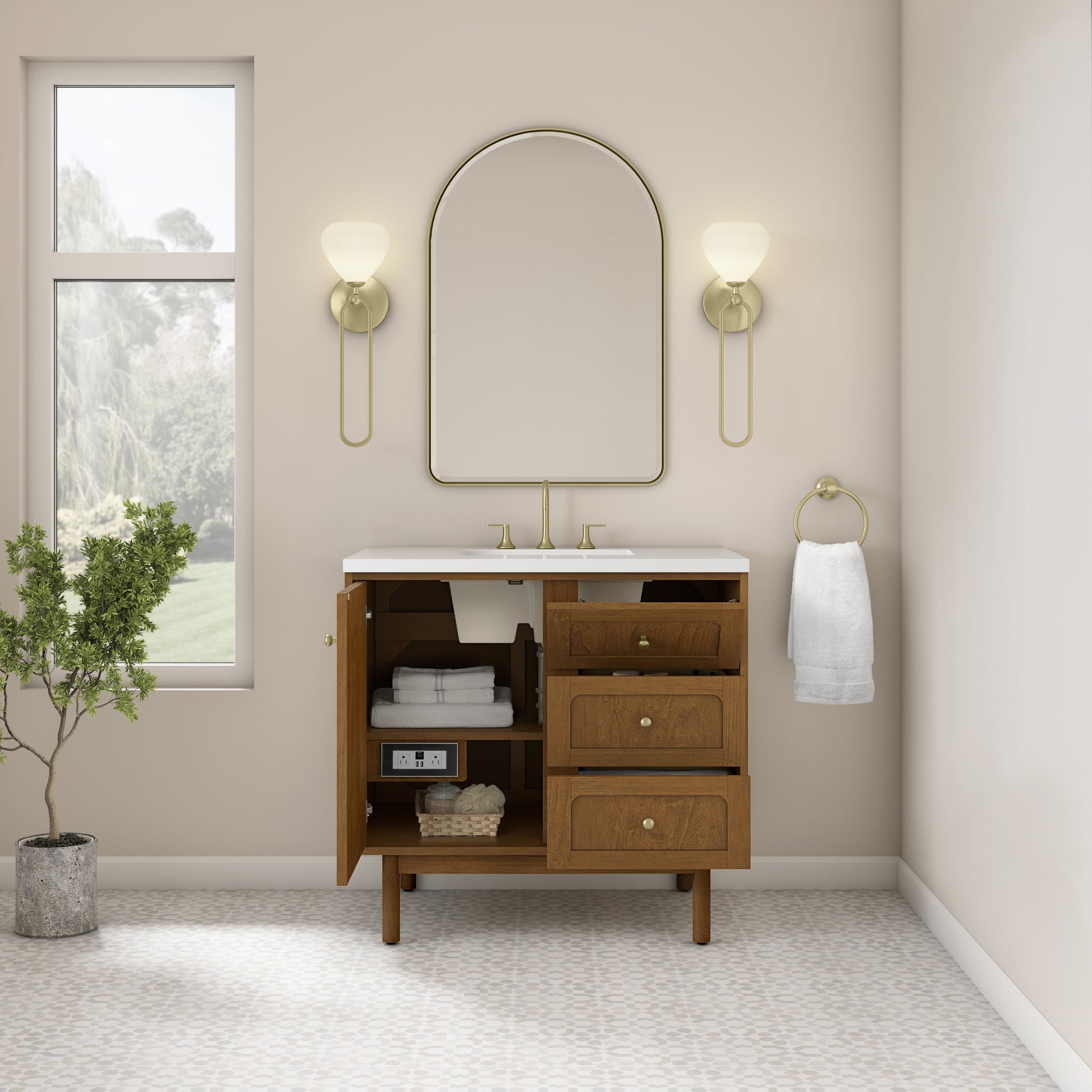 Renovate for Less Atlanta Laurent 36" Single Vanity, Honey Oak w/ 3 CM White Zeus Silestone Top