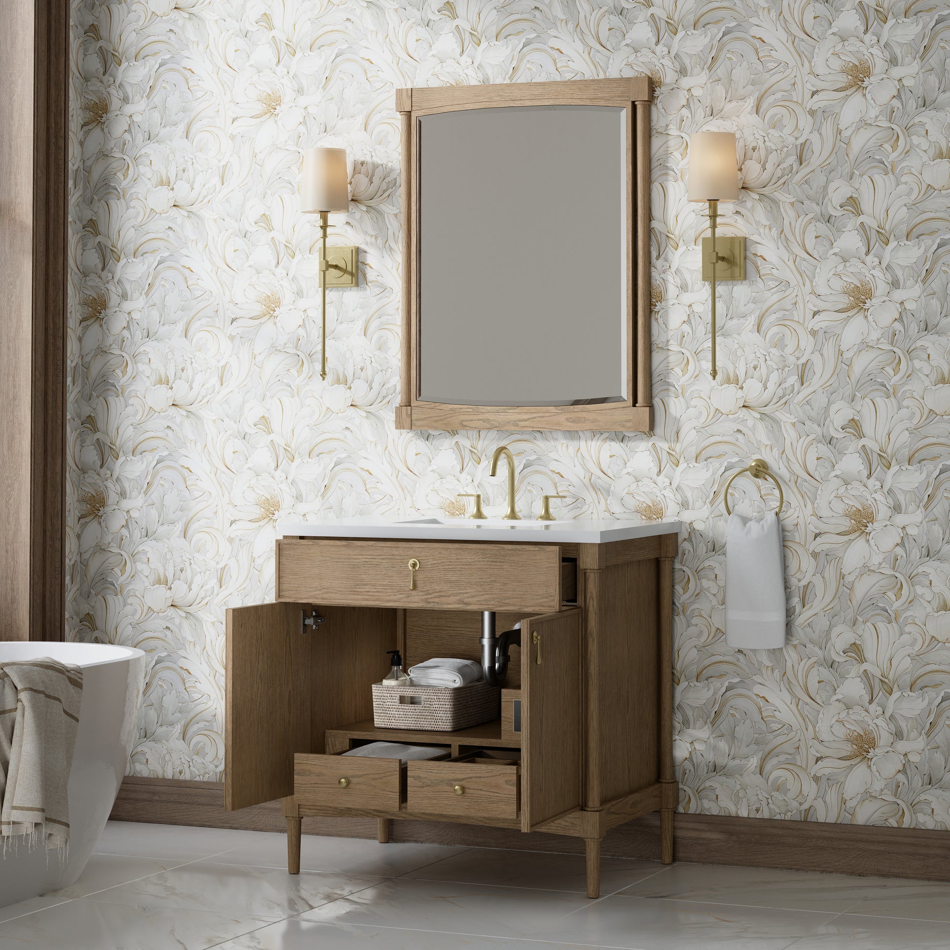 Renovate for Less Atlanta Kinnsden 36" Single Vanity, Weathered Oak w/ 3 CM White Zeus Silestone Top