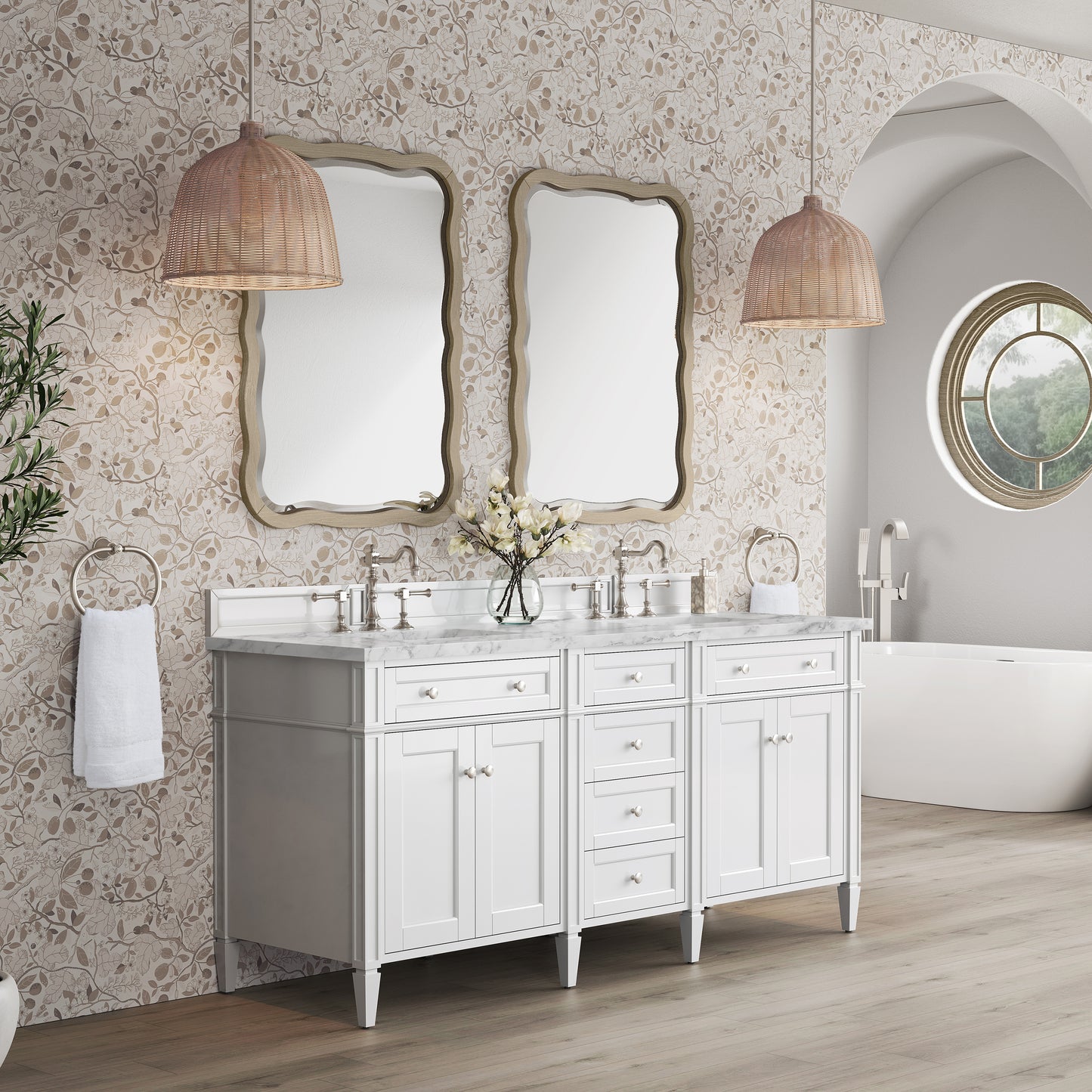 Renovate for Less Atlanta Brittany 72" Double Vanity, Bright White Vanity w/ 3 CM Carrara Marble Top