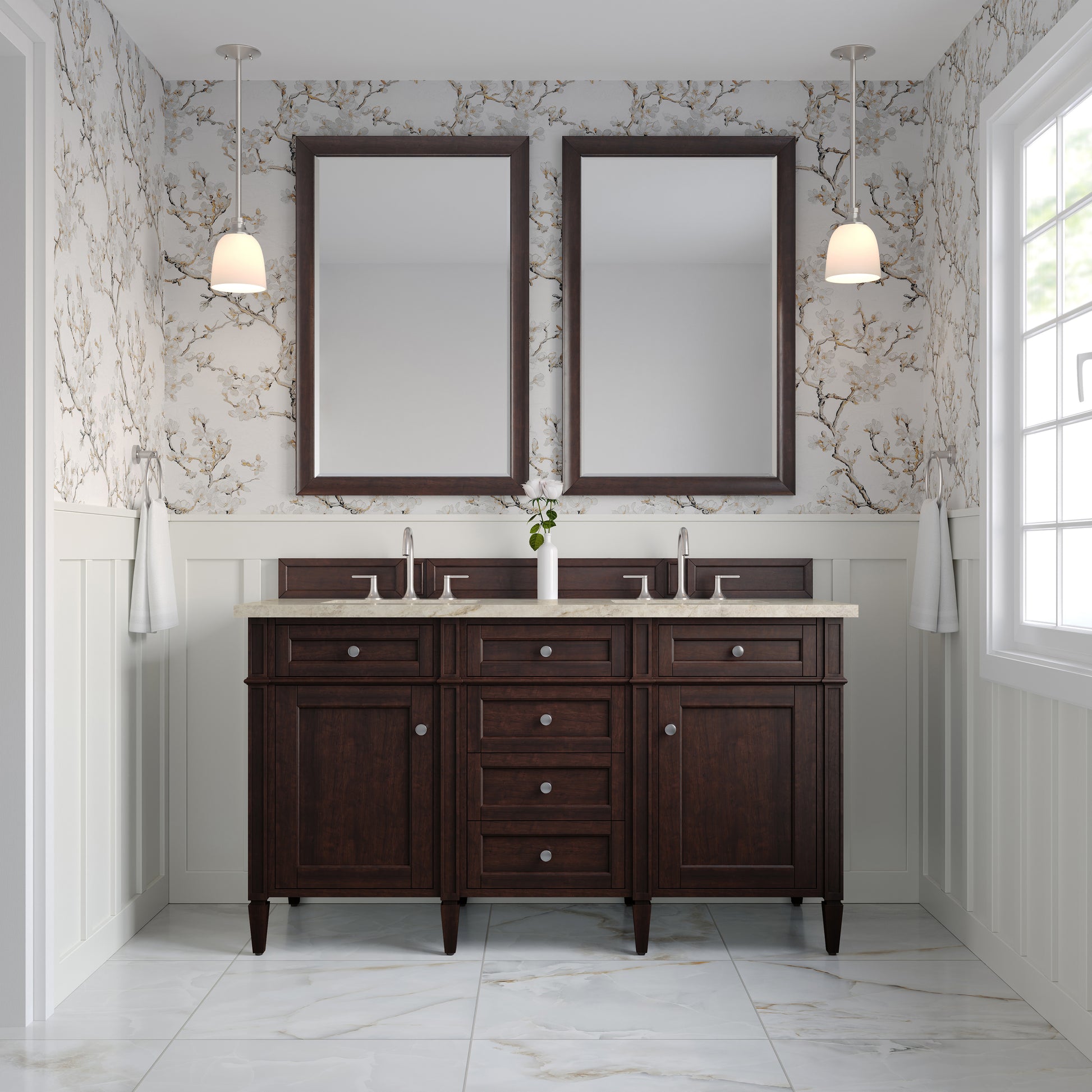 Renovate for Less Atlanta Brittany 60" Double Vanity, Burnished Mahogany, w/ 3 CM Tajnar Eclos Top w/FreePower Wireless Charger