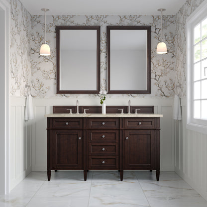 Renovate for Less Atlanta Brittany 60" Double Vanity, Burnished Mahogany, w/ 3 CM Tajnar Eclos Top w/FreePower Wireless Charger