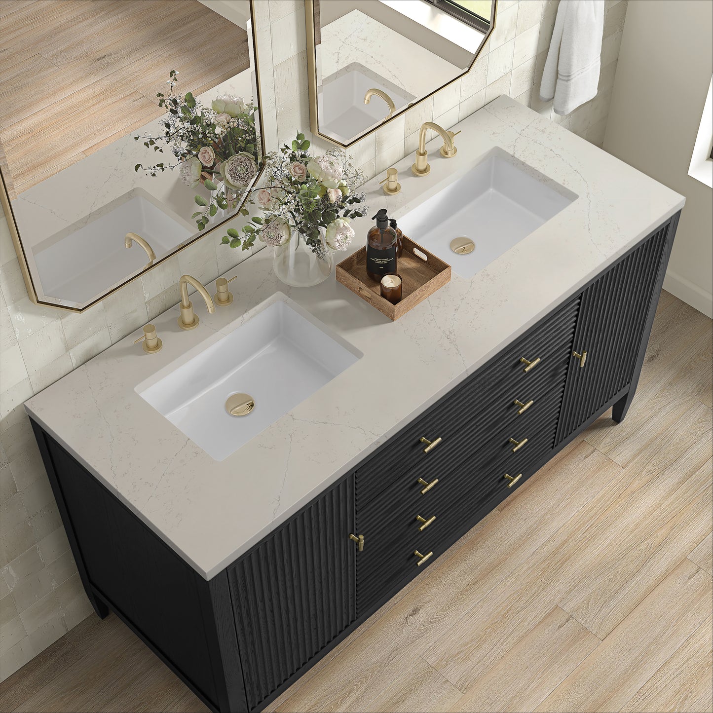 Renovate for Less Atlanta Myrrin 60" Double Vanity, Carbon Oak, w/ 3 CM Siberian Silestone Top