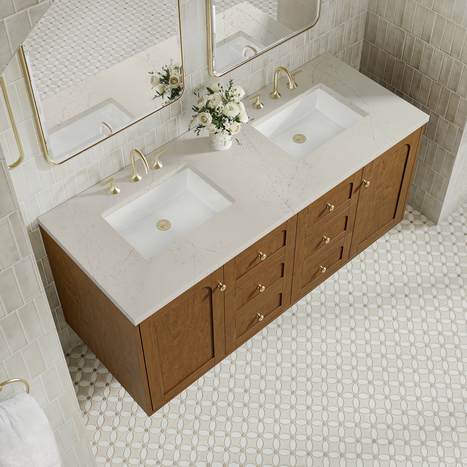 Renovate for Less Atlanta Laurent 60" Double Vanity, Honey Oak w/ 3 CM Siberian Silestone Top
