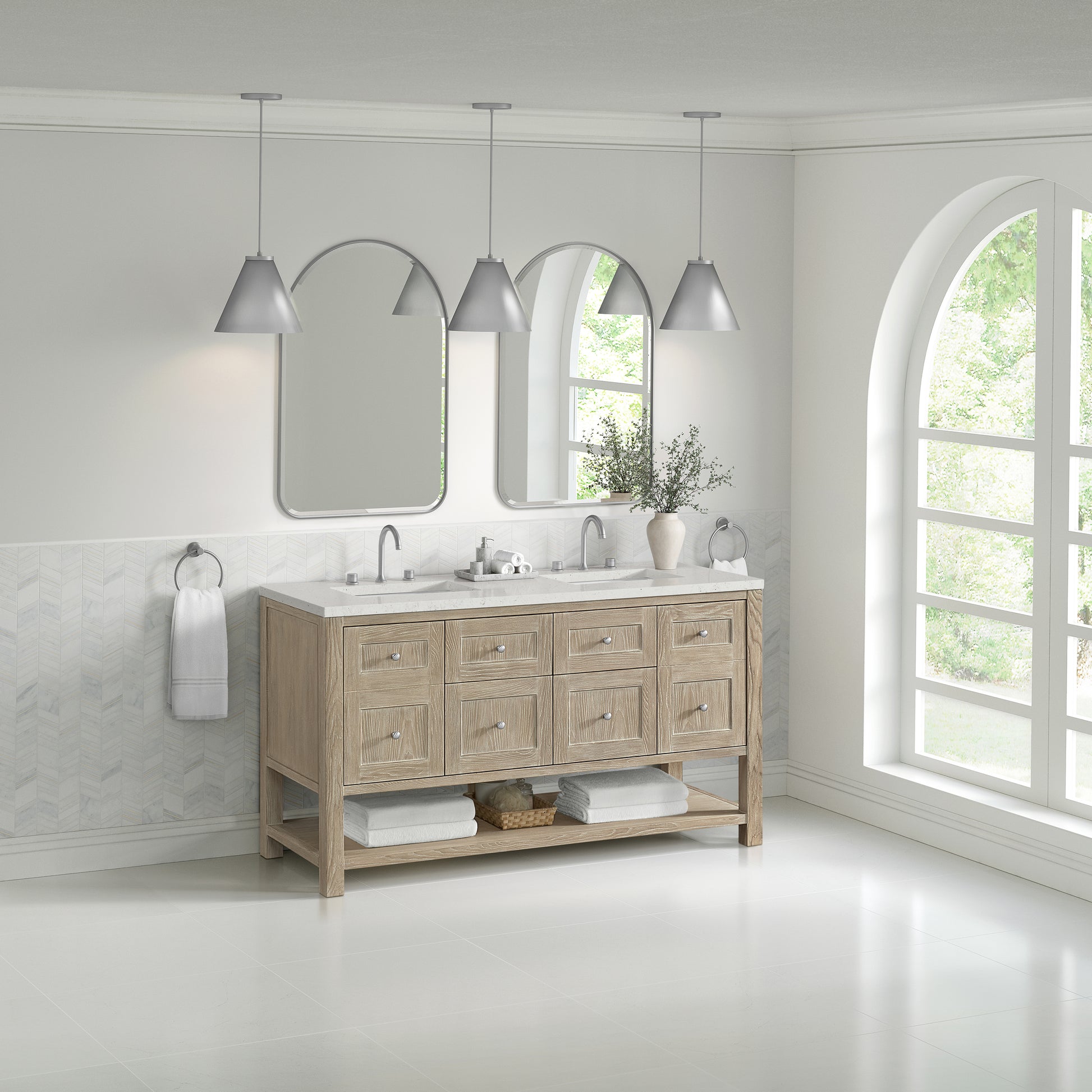 Renovate for Less Atlanta Breckenridge 60" Double Vanity, Whitewashed Oak, w/ 3 CM Lime Delight Quartz Top