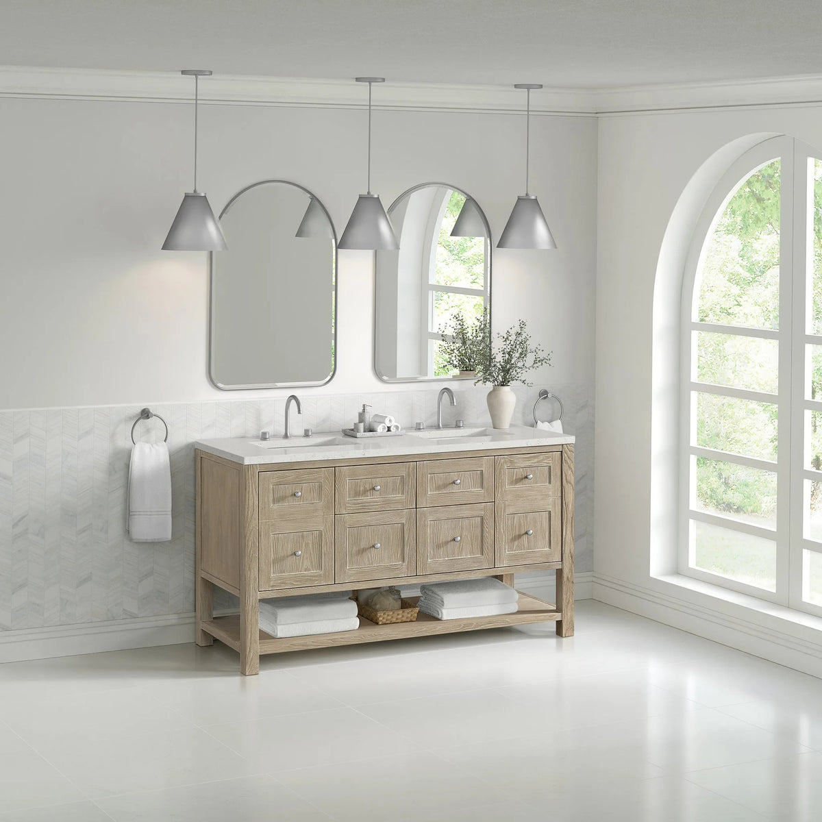 Breckenridge 60" Double Vanity, Whitewashed Oak, w/ 3 CM Lime Delight Quartz Top
