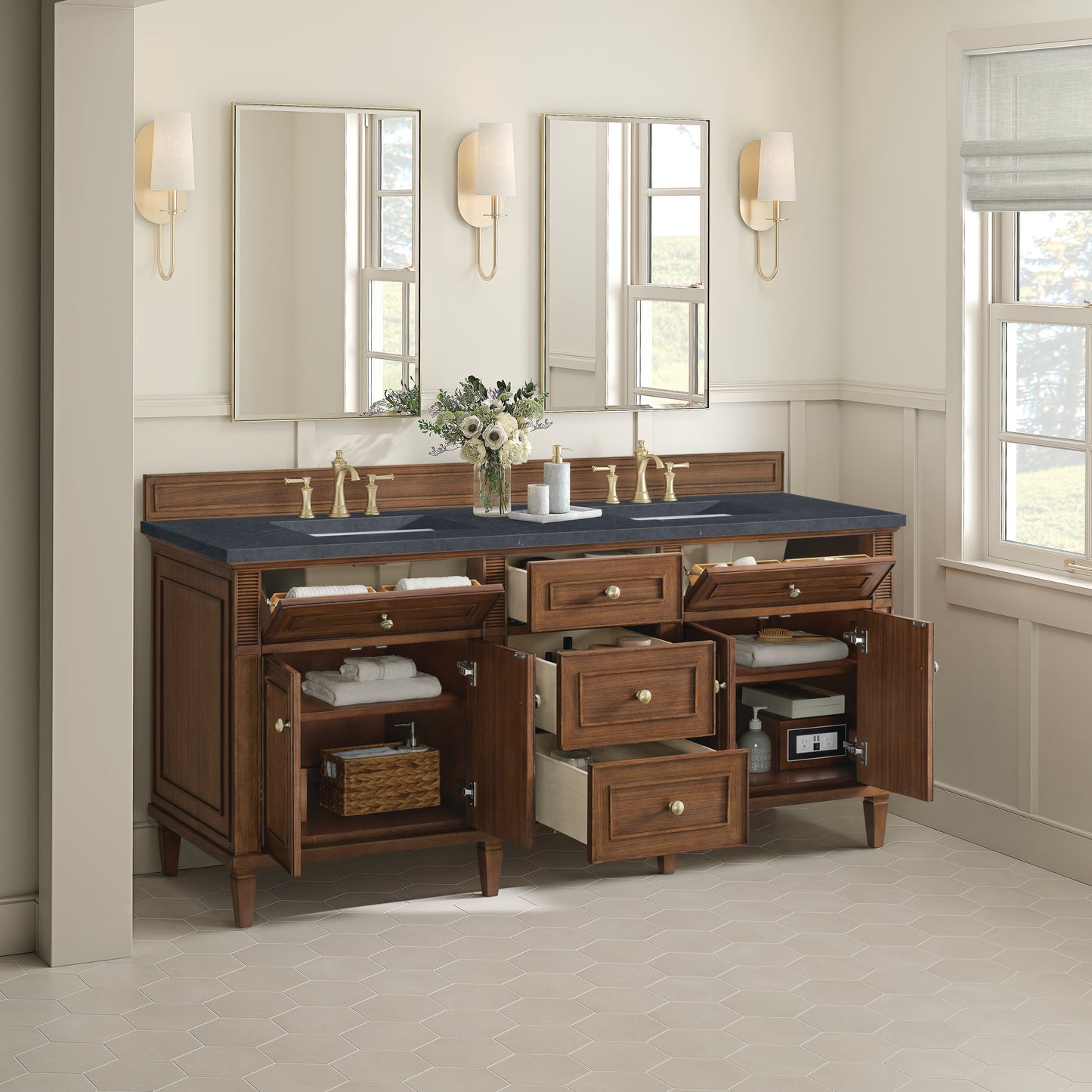 Renovate for Less Atlanta Lorelai 72"Double Vanity, Mid-Century Walnut w/ 3 CM Charcoal Soapstone Silestone Top