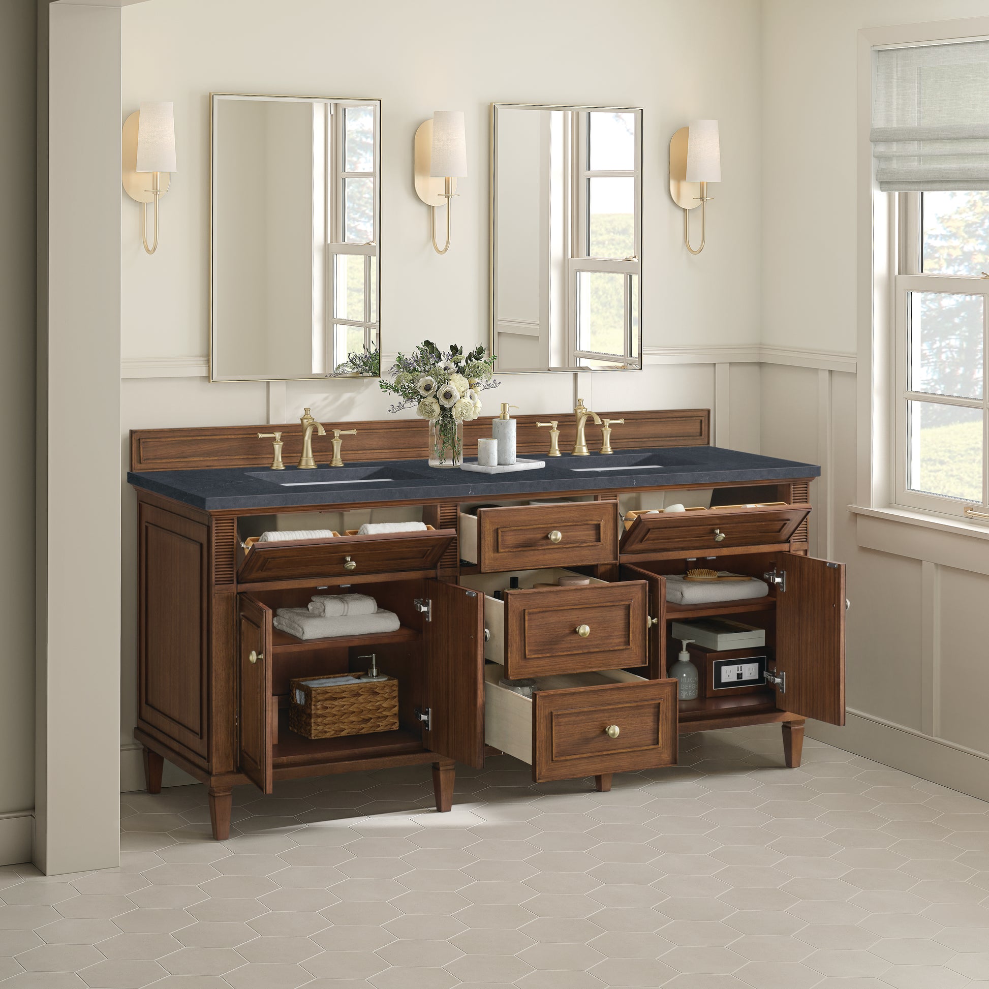 Renovate for Less Atlanta Lorelai 72"Double Vanity, Mid-Century Walnut w/ 3 CM Charcoal Soapstone Silestone Top