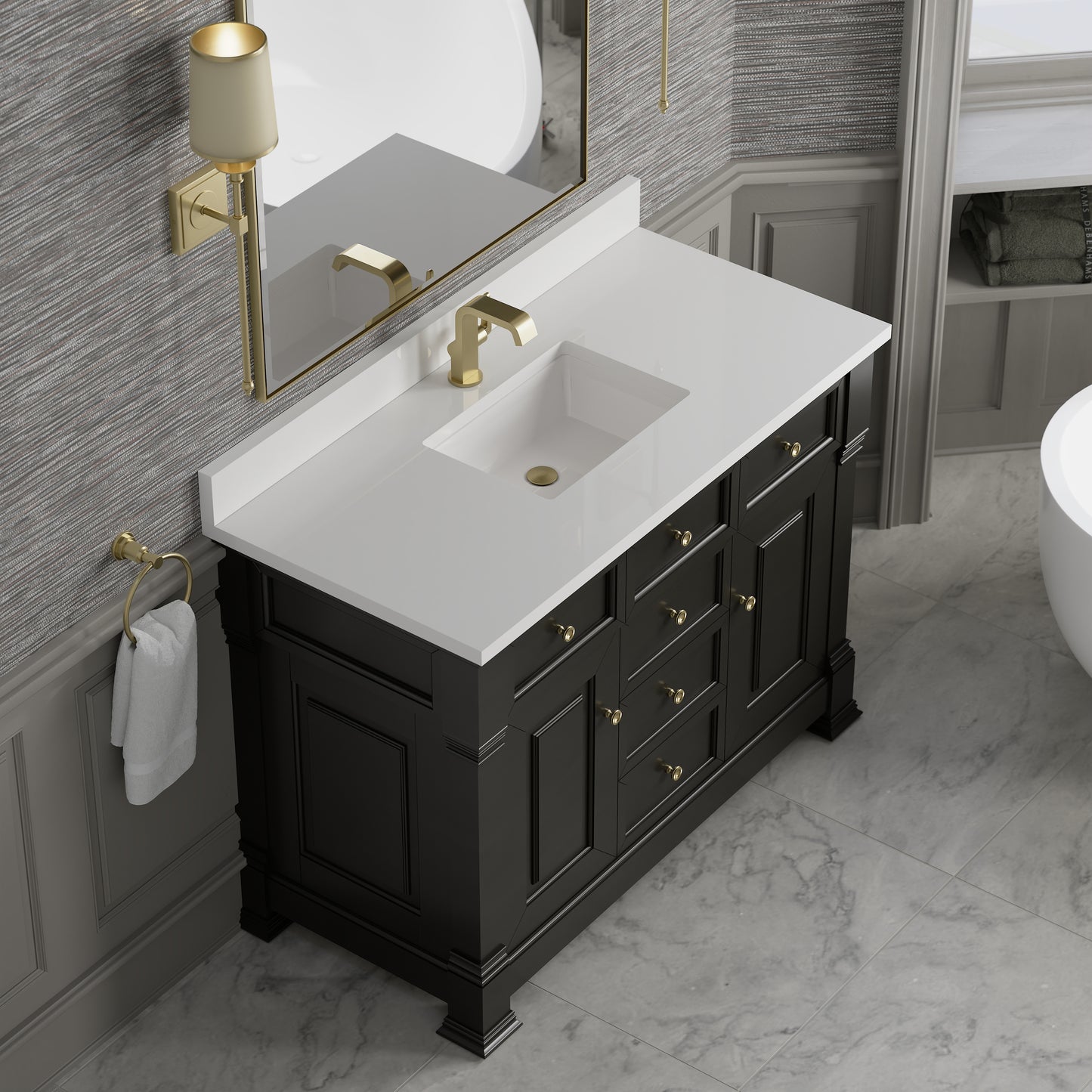 Renovate for Less Atlanta Brookfield 48" Single Vanity, Black Onyx w/ Single Hole 3 CM White Zeus Silestone Top & Backsplash