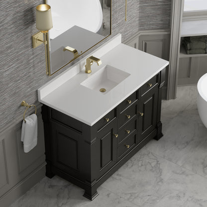 Renovate for Less Atlanta Brookfield 48" Single Vanity, Black Onyx w/ Single Hole 3 CM White Zeus Silestone Top & Backsplash