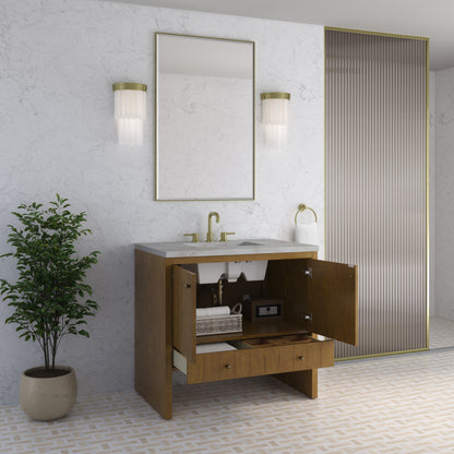 Renovate for Less Atlanta Hudson 36" Single Vanity, Honey Oak w/ 3 CM Victorian Silver Silestone Top