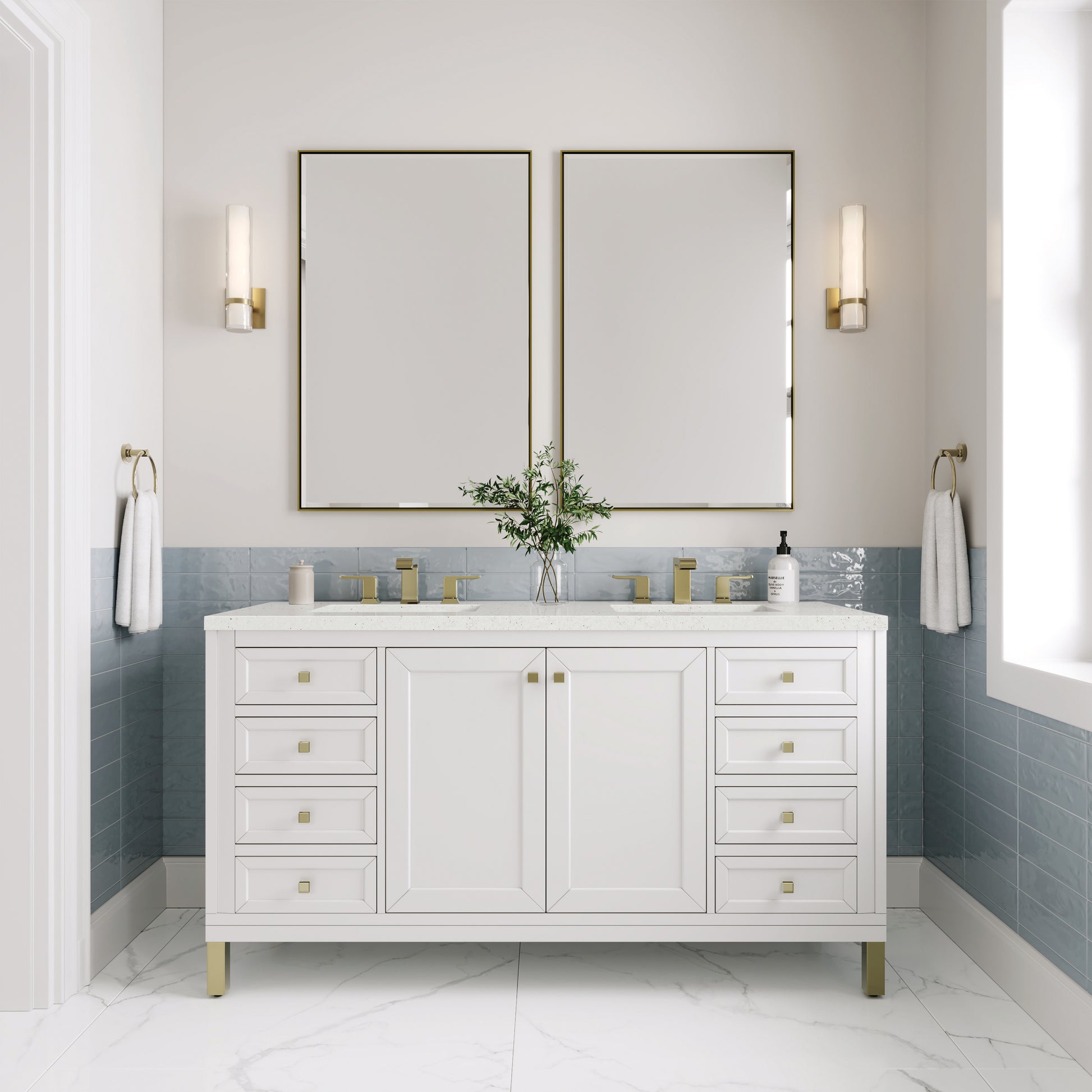 Renovate for Less Atlanta Chicago 60" Double Vanity, Glossy White, w/ 3 CM Lime Delight Silestone® Top
