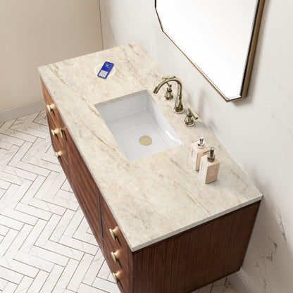 Renovate for Less Atlanta Amberly 48" Single Vanity, Mid-Century Walnut, w/ 3 CM Tajnar Eclos Top w/FreePower Wireless Charger