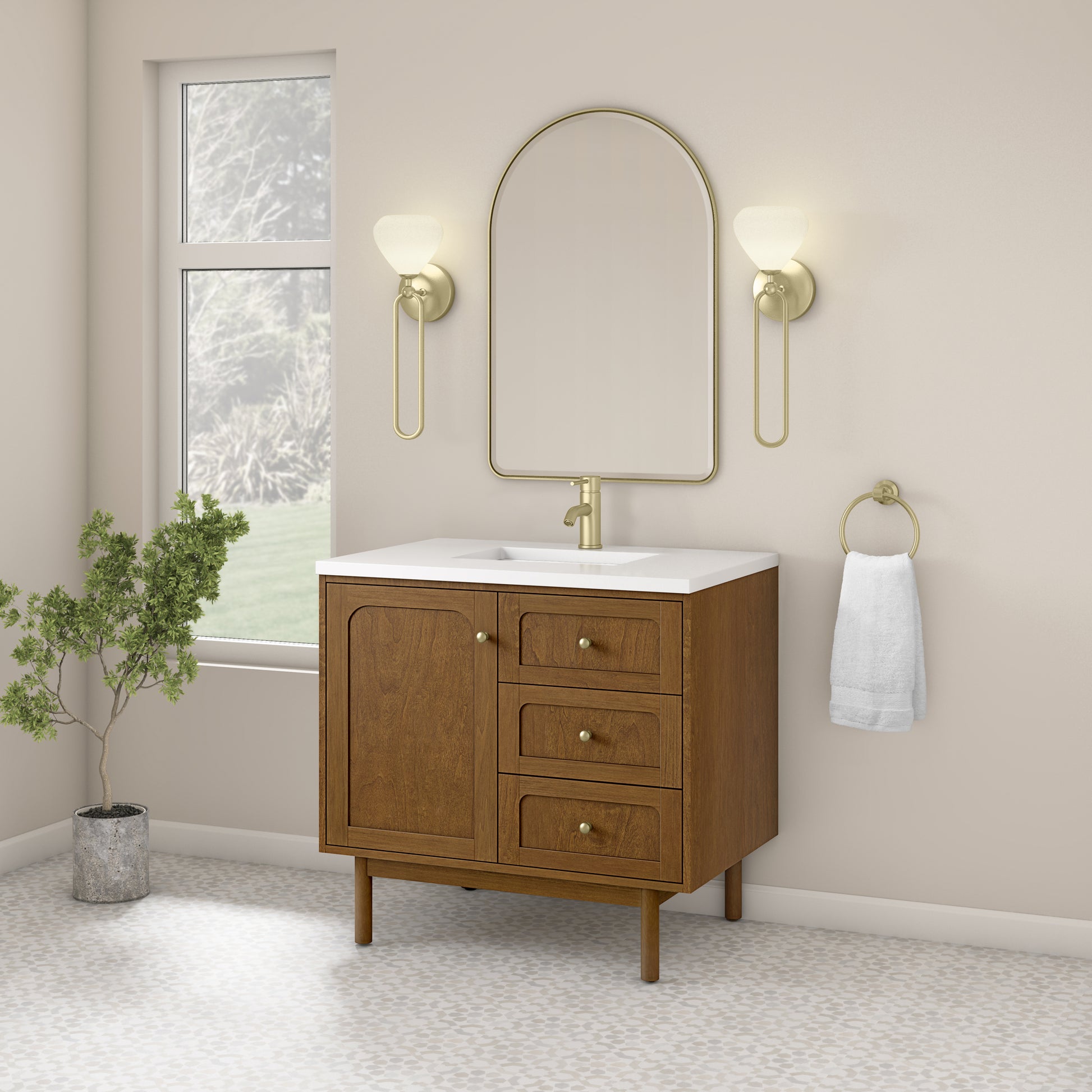 Renovate for Less Atlanta Laurent 36" Single Vanity, Honey Oak w/ Single Hole 3 CM White Zeus Silestone Top and Matching Backsplash