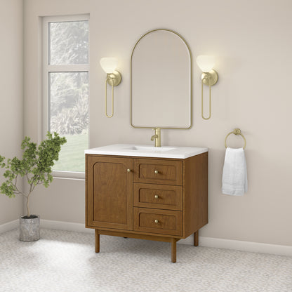 Renovate for Less Atlanta Laurent 36" Single Vanity, Honey Oak w/ Single Hole 3 CM White Zeus Silestone Top and Matching Backsplash