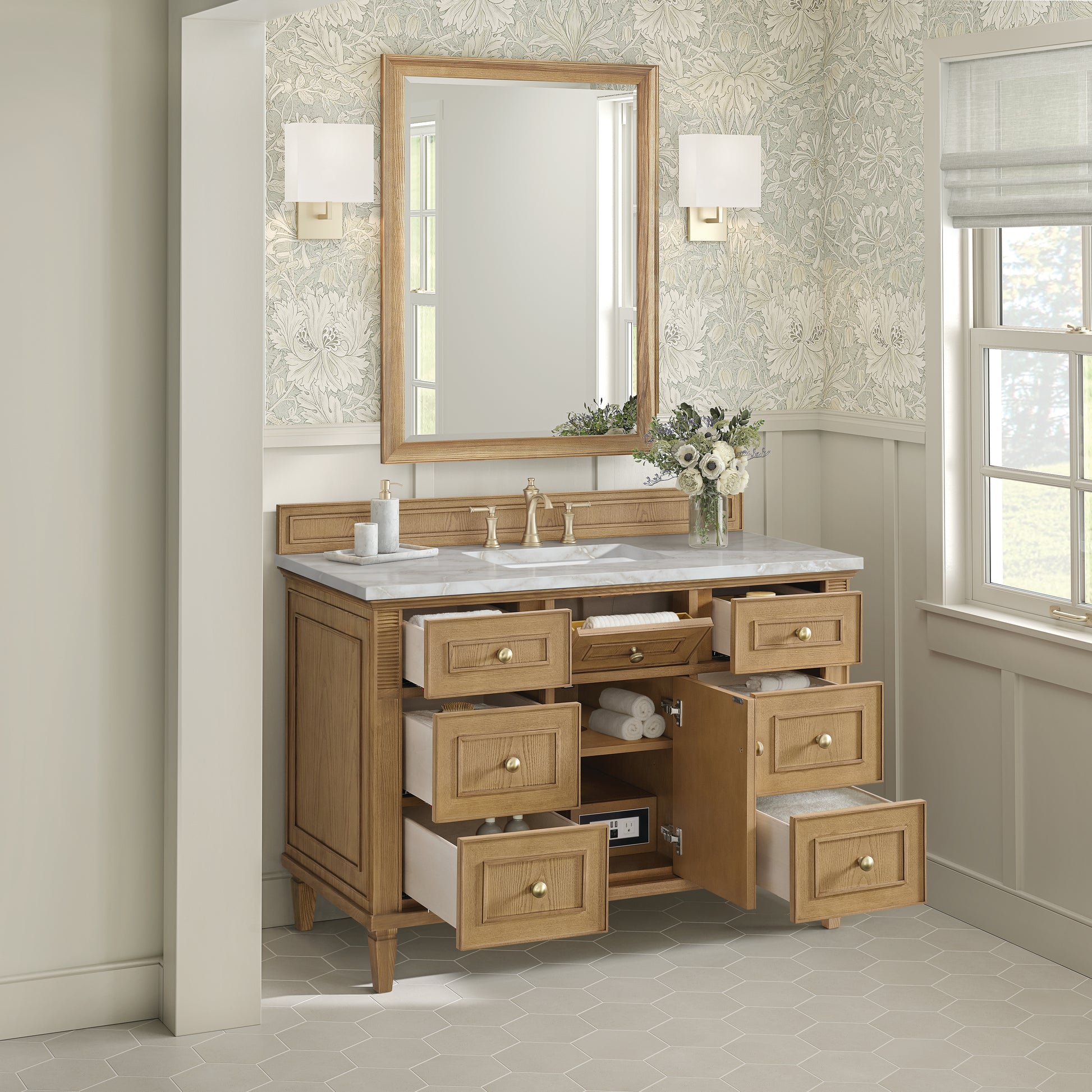 Renovate for Less Atlanta Lorelai 48" Single Vanity, Light Natural Oak w/ 3 CM Victorian Silver Silestone Top