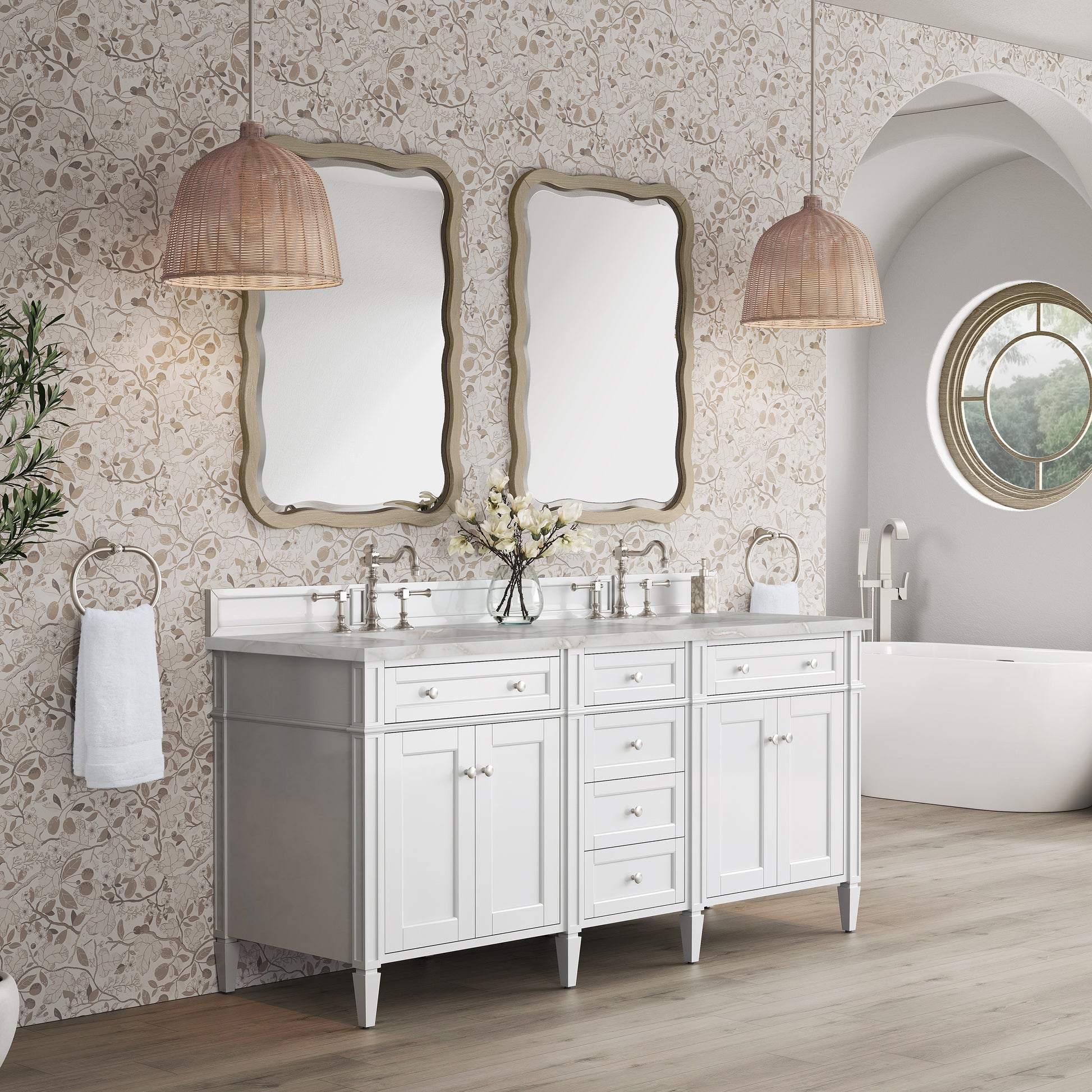 Renovate for Less Atlanta Brittany 72" Double Vanity, Bright White Vanity w/ 3 CM Victorian Silver Silestone Top