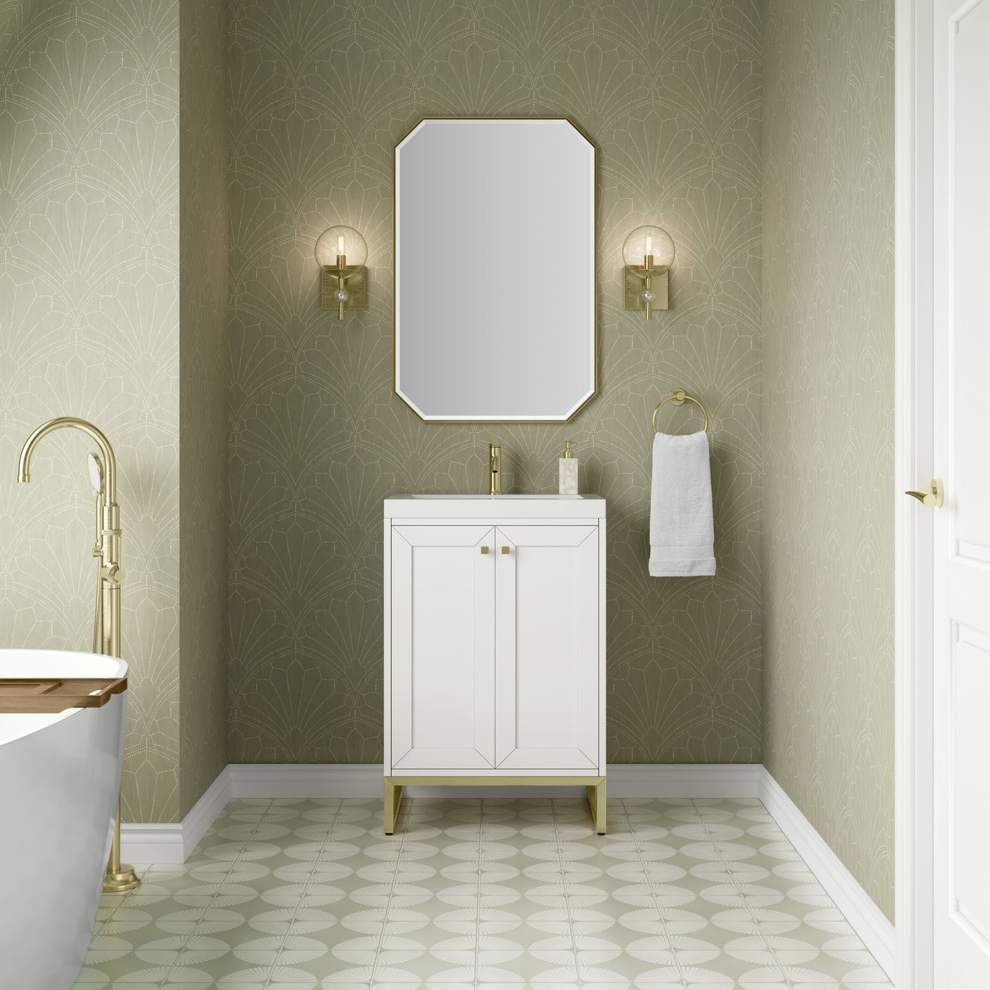 Renovate for Less Atlanta Chianti 24" Single Vanity, Glossy White, Champagne Brass, w/ White Glossy Composite Stone Top