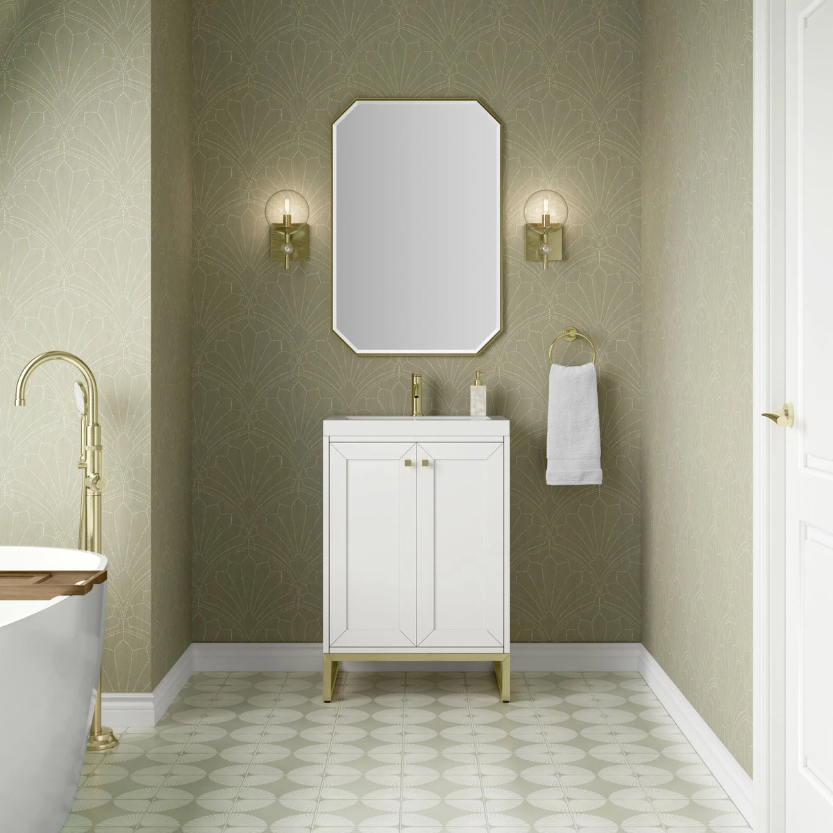 Chianti 24" Single Vanity, Glossy White, Champagne Brass, w/ White Glossy Composite Stone Top