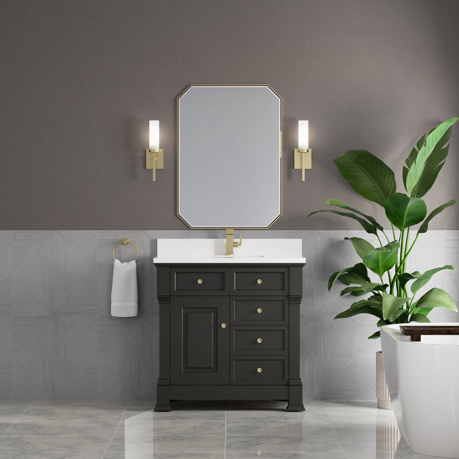 Renovate for Less Atlanta Brookfield 36" Single Vanity, Black Onyx w/ Single Hole 3 CM White Zeus Silestone Top & Backsplash