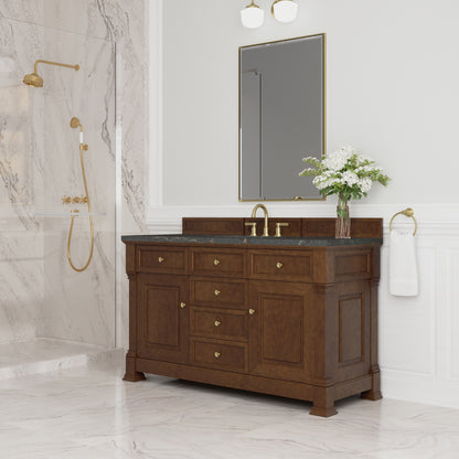 Renovate for Less Atlanta Brookfield 60" Single Vanity, Honey Oak w/ 3 CM Parisien Bleu Silestone Top w/ FreePower Wireless Charger