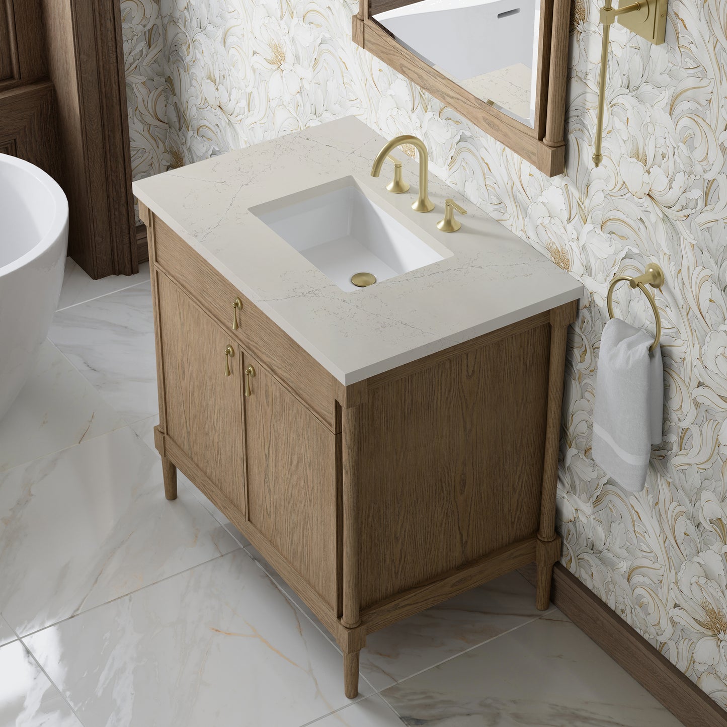 Renovate for Less Atlanta Kinnsden 36" Single Vanity, Weathered Oak w/ 3 CM Siberian Silestone Top
