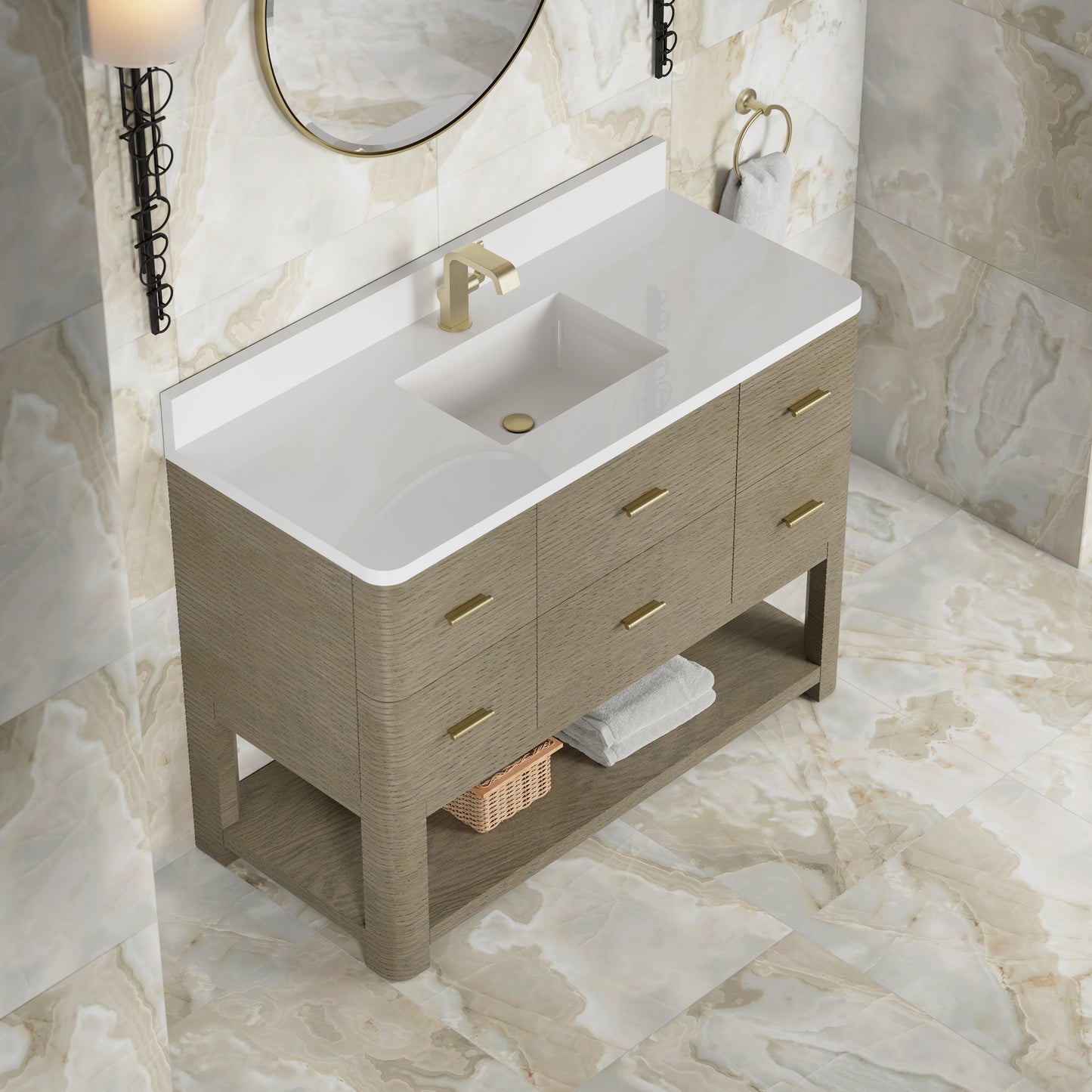 Renovate for Less Atlanta Lucian 48" Single Vanity, Pebble Oak w/ 3 CM White Zeus Silestone Top