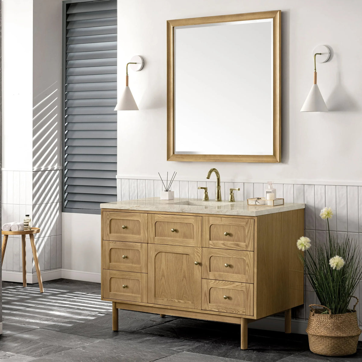 Laurent 48" Single Vanity, Light Natural Oak, w/ 3 CM Tajnar Eclos Top w/FreePower Wireless Charger