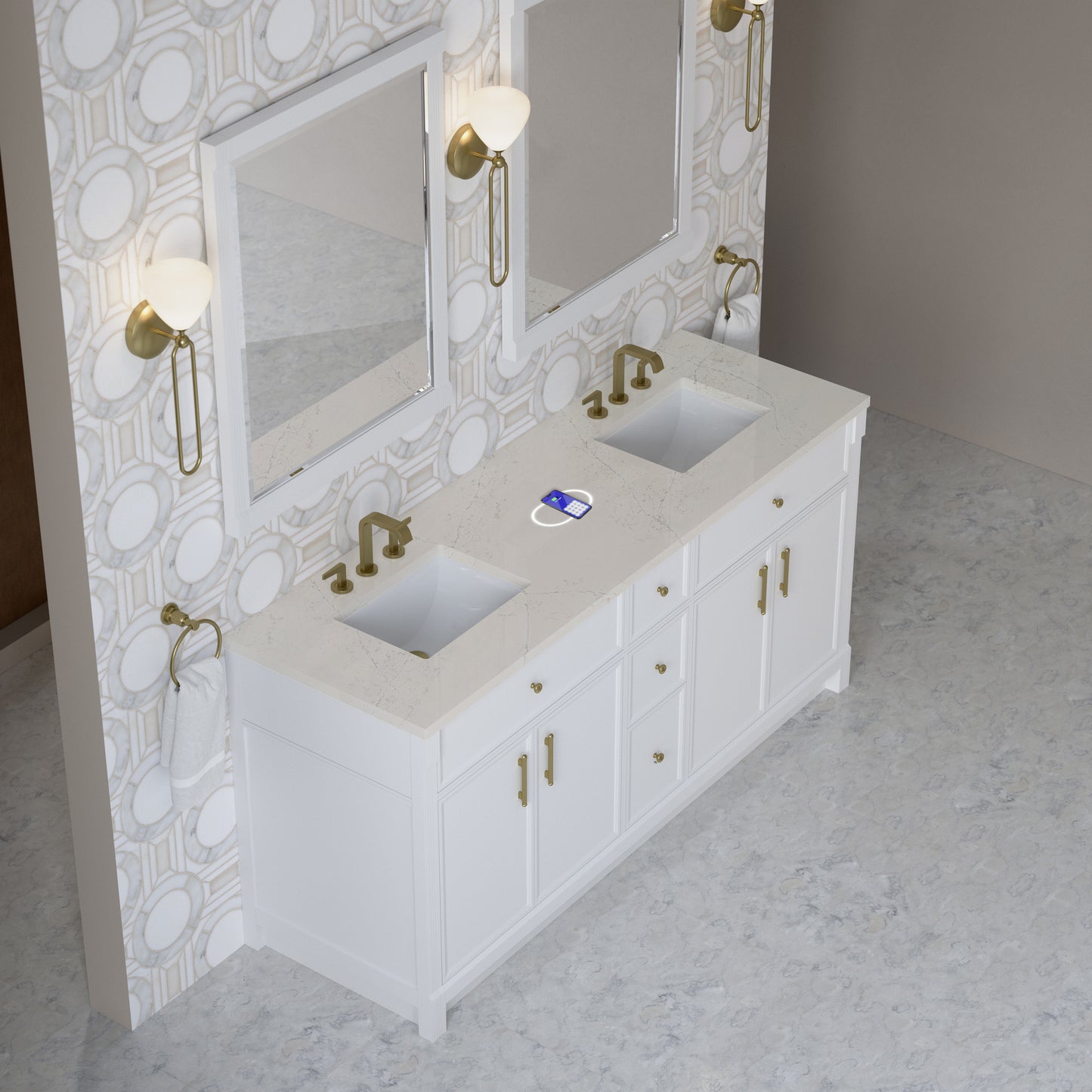 Renovate for Less Atlanta Bellshire 72" Double Vanity, Bright White w/ 3 CM Siberian Silestone Top w/FreePower Wireless Charger