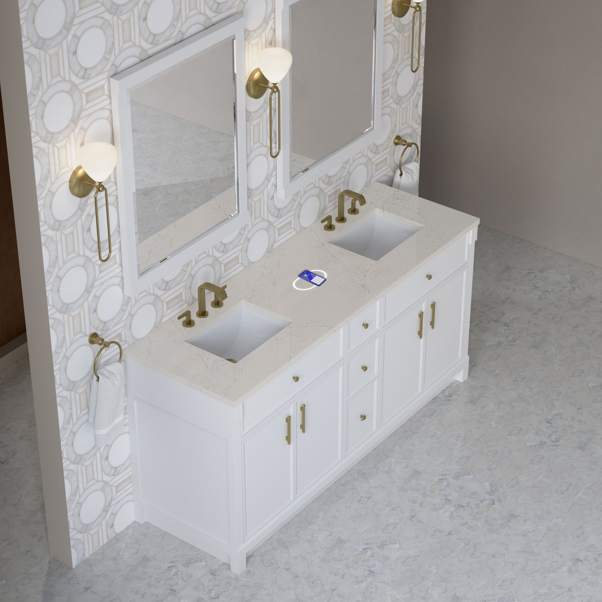 Renovate for Less Atlanta Bellshire 72" Double Vanity, Bright White w/ 3 CM Siberian Silestone Top w/FreePower Wireless Charger
