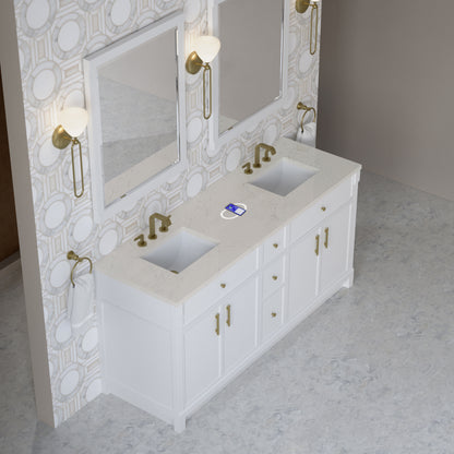 Renovate for Less Atlanta Bellshire 72" Double Vanity, Bright White w/ 3 CM Siberian Silestone Top w/FreePower Wireless Charger