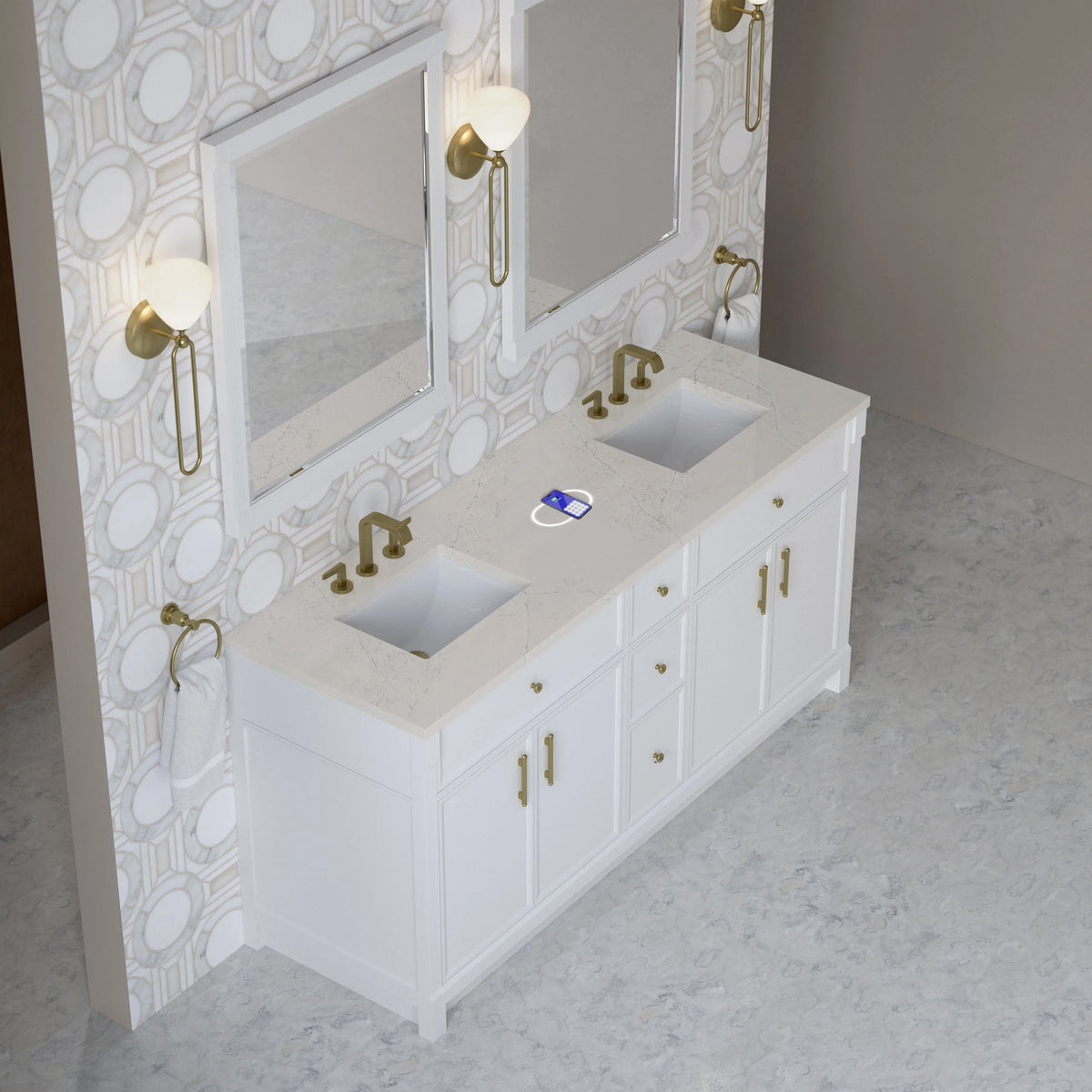 Bellshire 72" Double Vanity, Bright White w/ 3 CM Siberian Silestone Top w/FreePower Wireless Charger