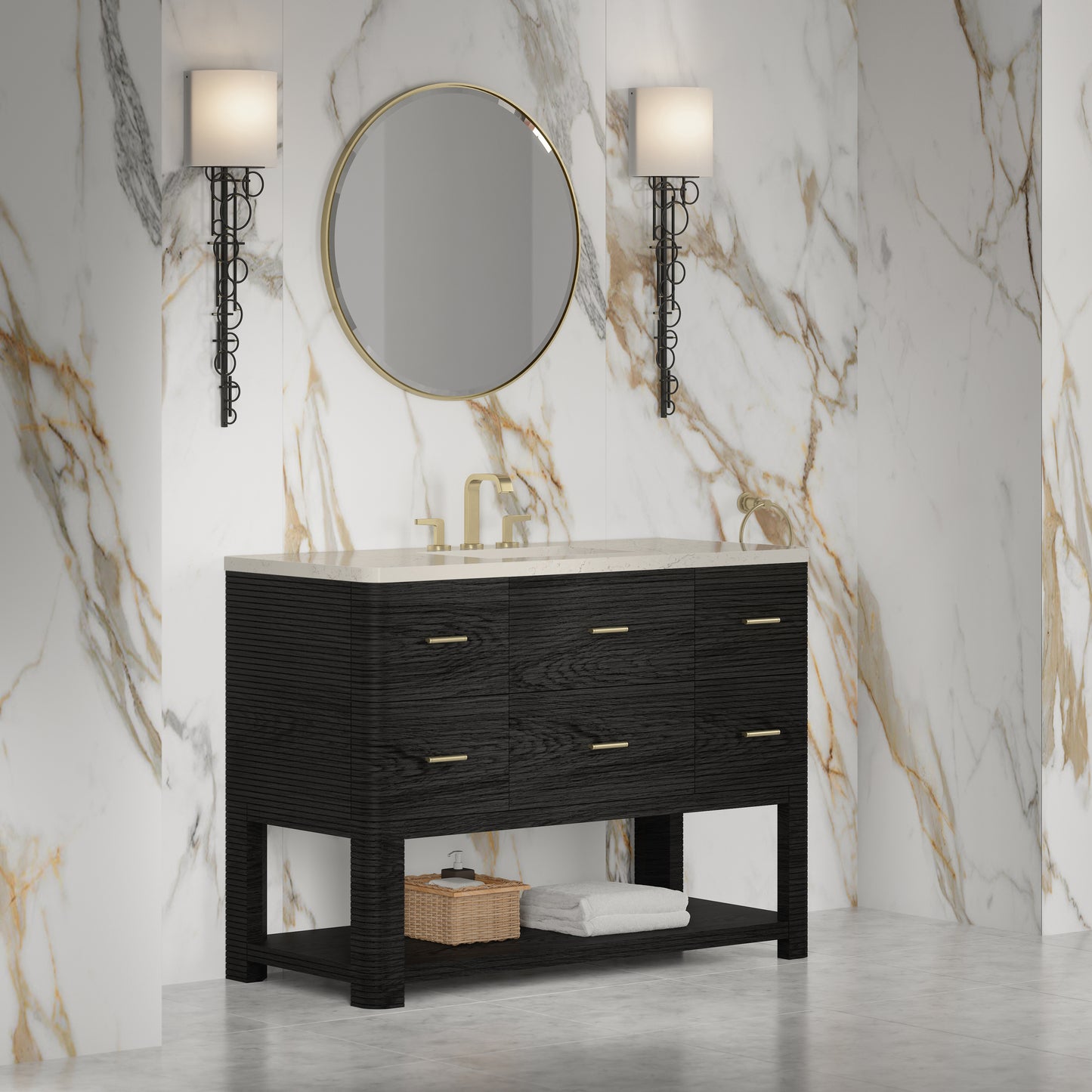 Renovate for Less Atlanta Lucian 48" Single Vanity, Carbon Oak, w/ 3 CM Siberian Silestone Top w/FreePower Wireless Charger