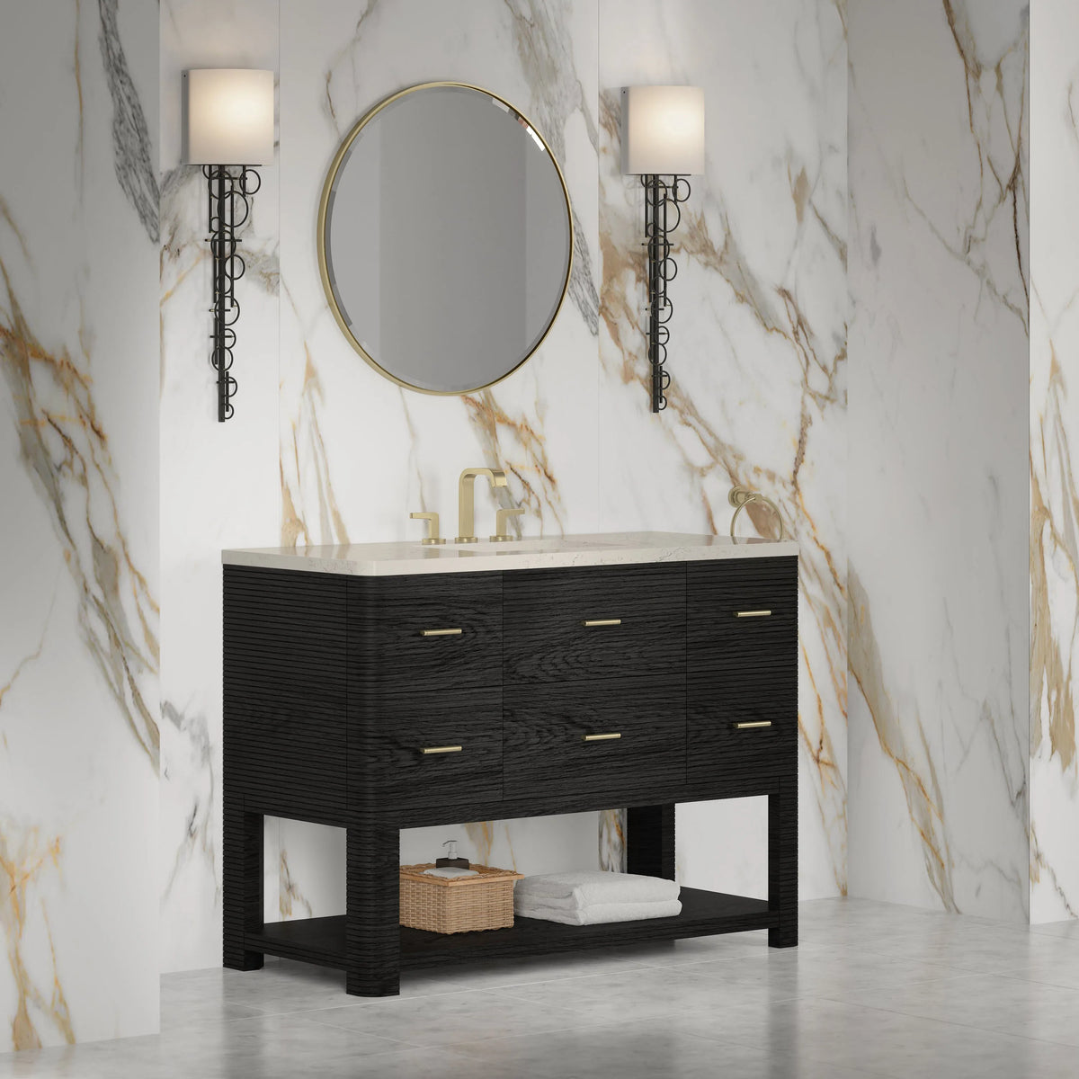 Lucian 48" Single Vanity, Carbon Oak, w/ 3 CM Siberian Silestone Top w/FreePower Wireless Charger