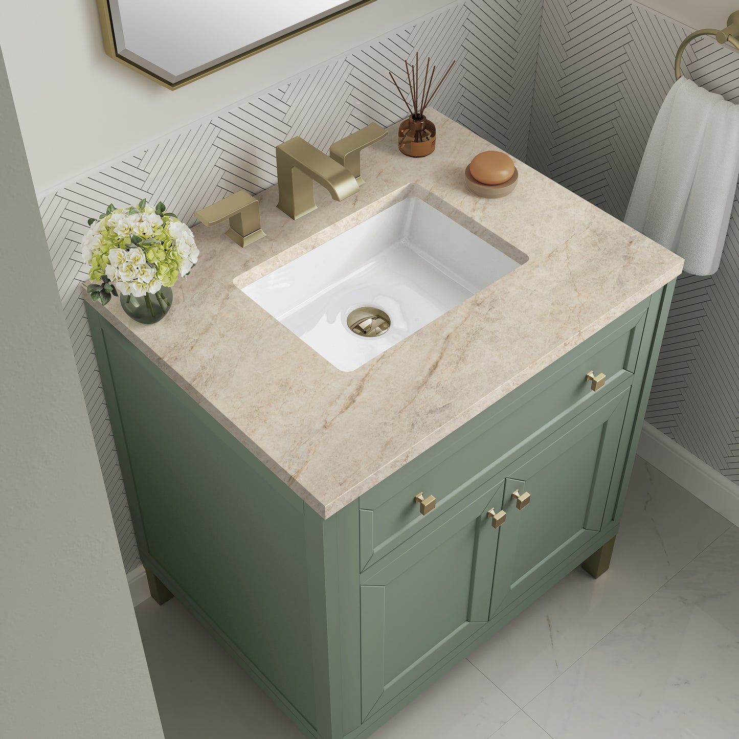 Renovate for Less Atlanta Chicago 30" Single Vanity, Smokey Celadon, w/ 3 CM Tajnar Eclos Top