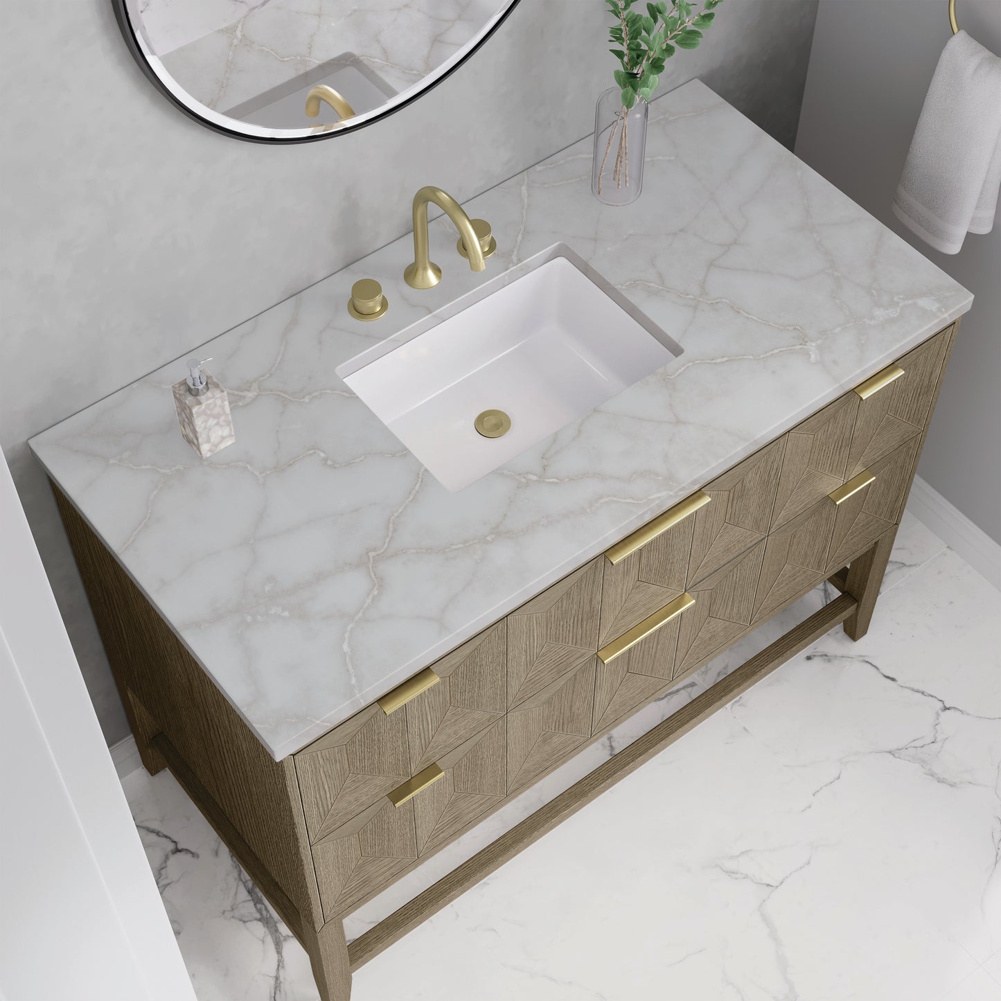 Renovate for Less Atlanta Emmeline 48" Single Vanity, Pebble Oak w/ 3 CM Victorian Silver Silestone Top
